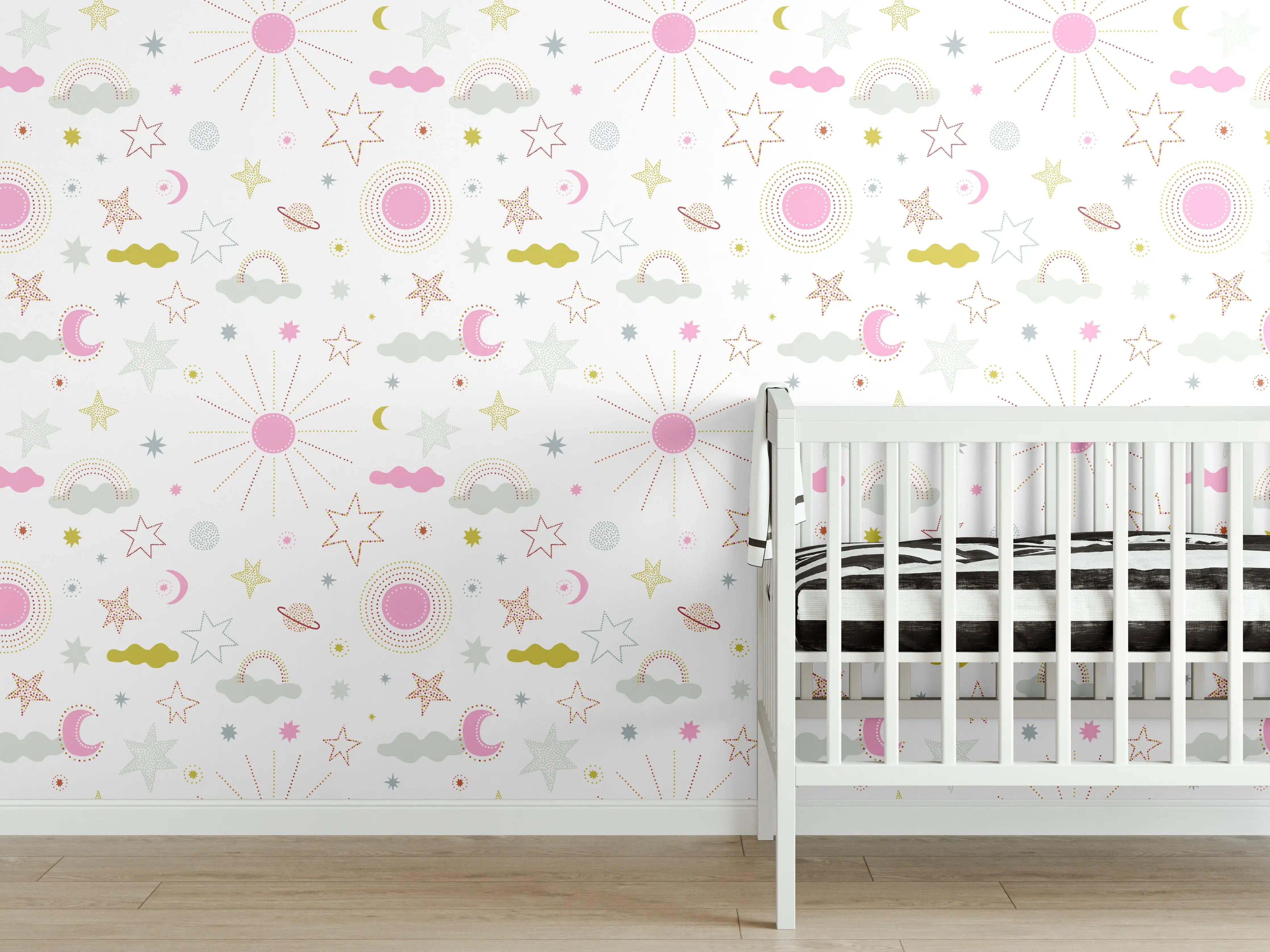 Babyzimmer Wandgestaltung - Sanfte Pastellblumen mit Sternen und Monden