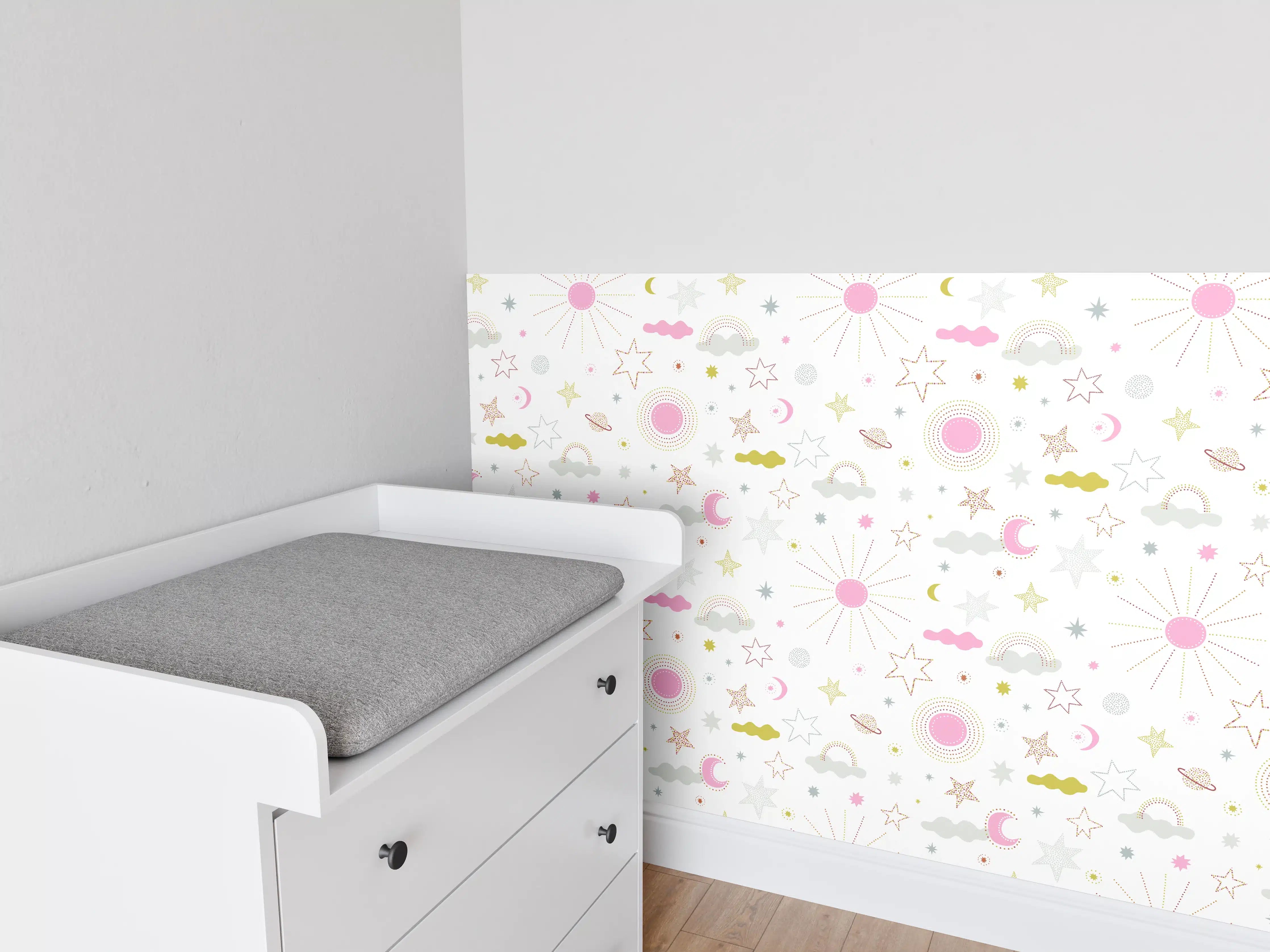 Babyzimmer Wandgestaltung - Sanfte Pastellblumen mit Sternen und Monden