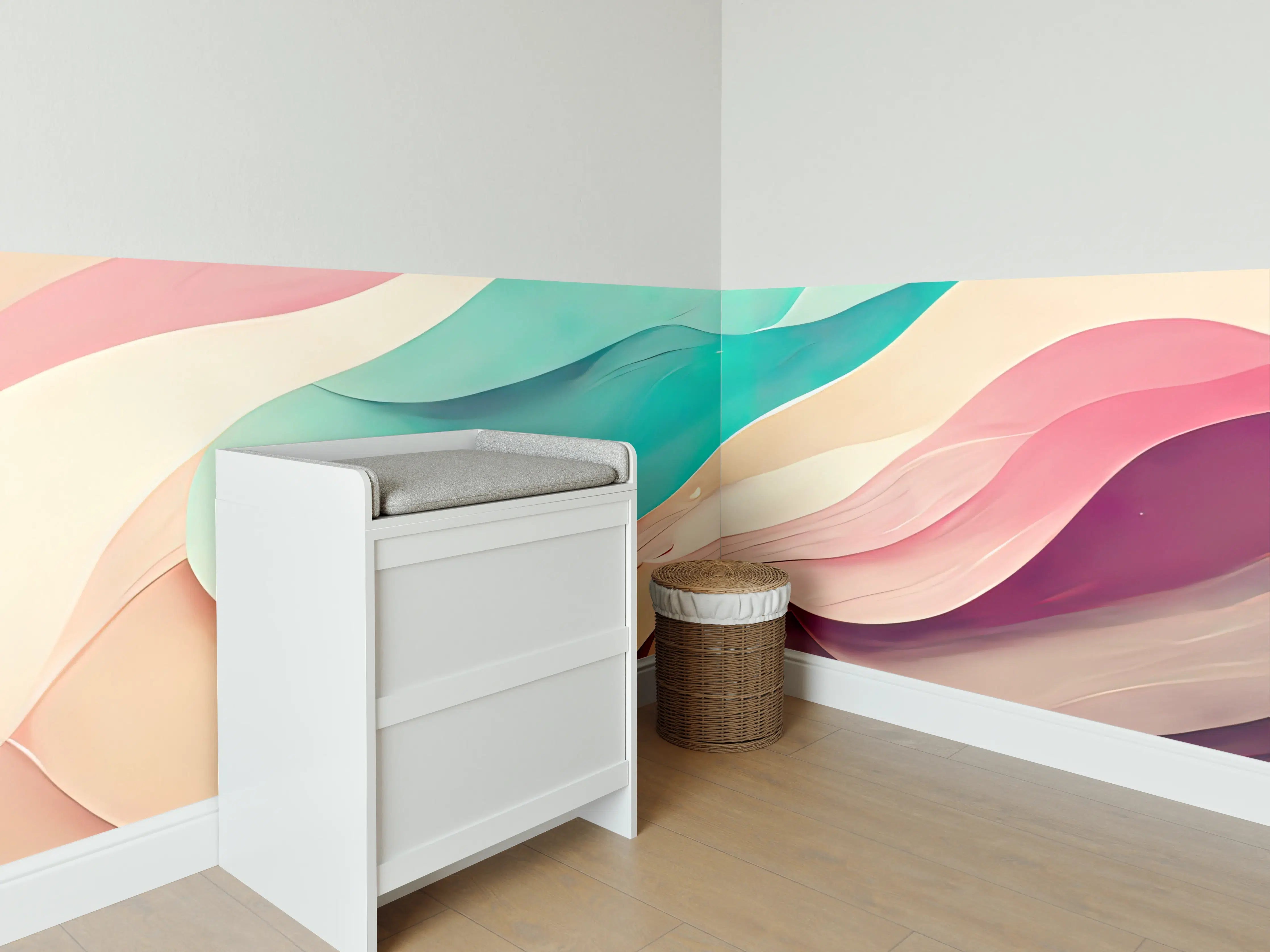 Babyzimmer Wandgestaltung - Sanfte Pastelltöne in abstrakter Wellenform