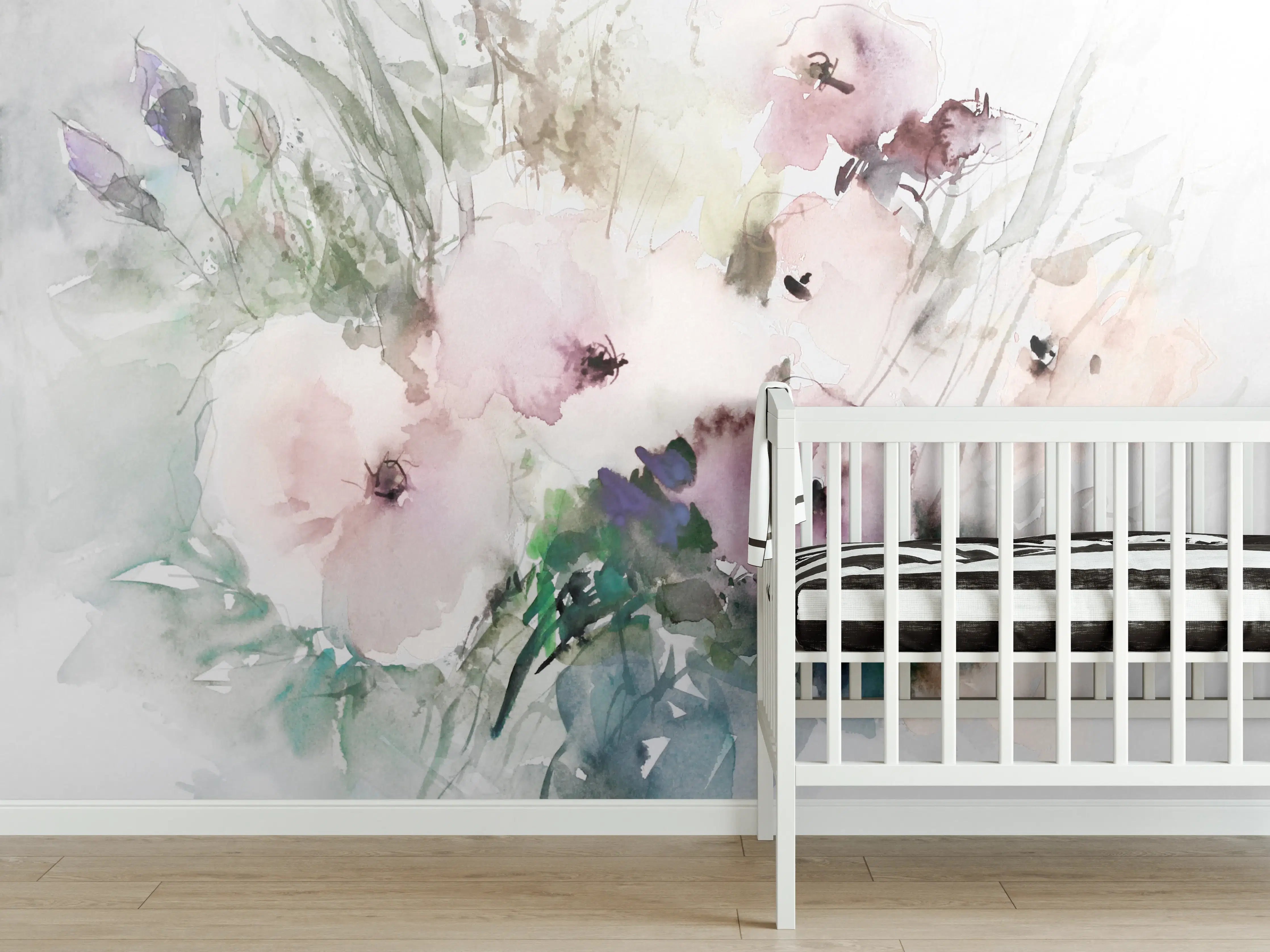 Babyzimmer Wandgestaltung - Sanfte Wasserfarben-Blumenmalerei