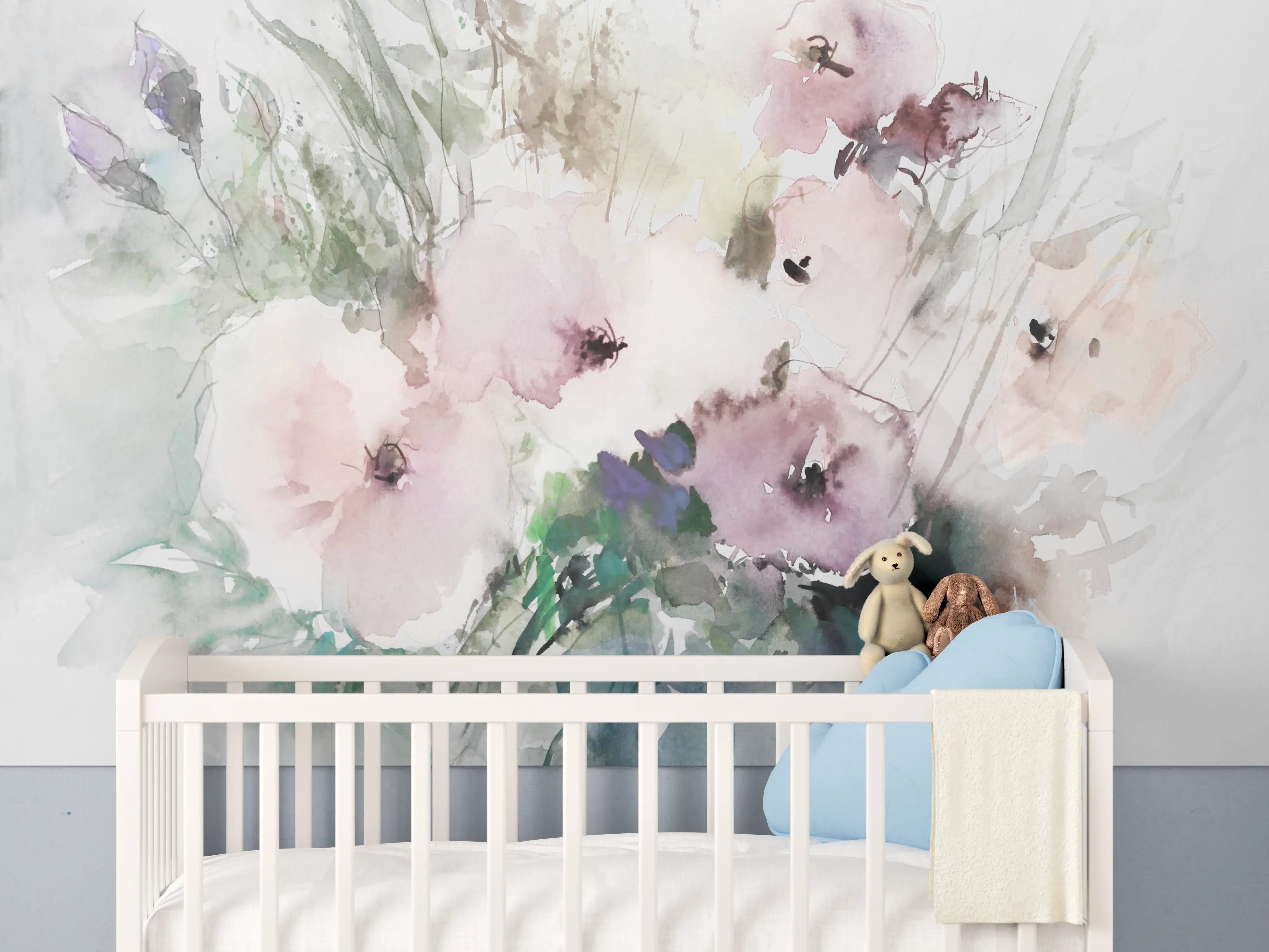 Babyzimmer Wandgestaltung - Sanfte Wasserfarben-Blumenmalerei