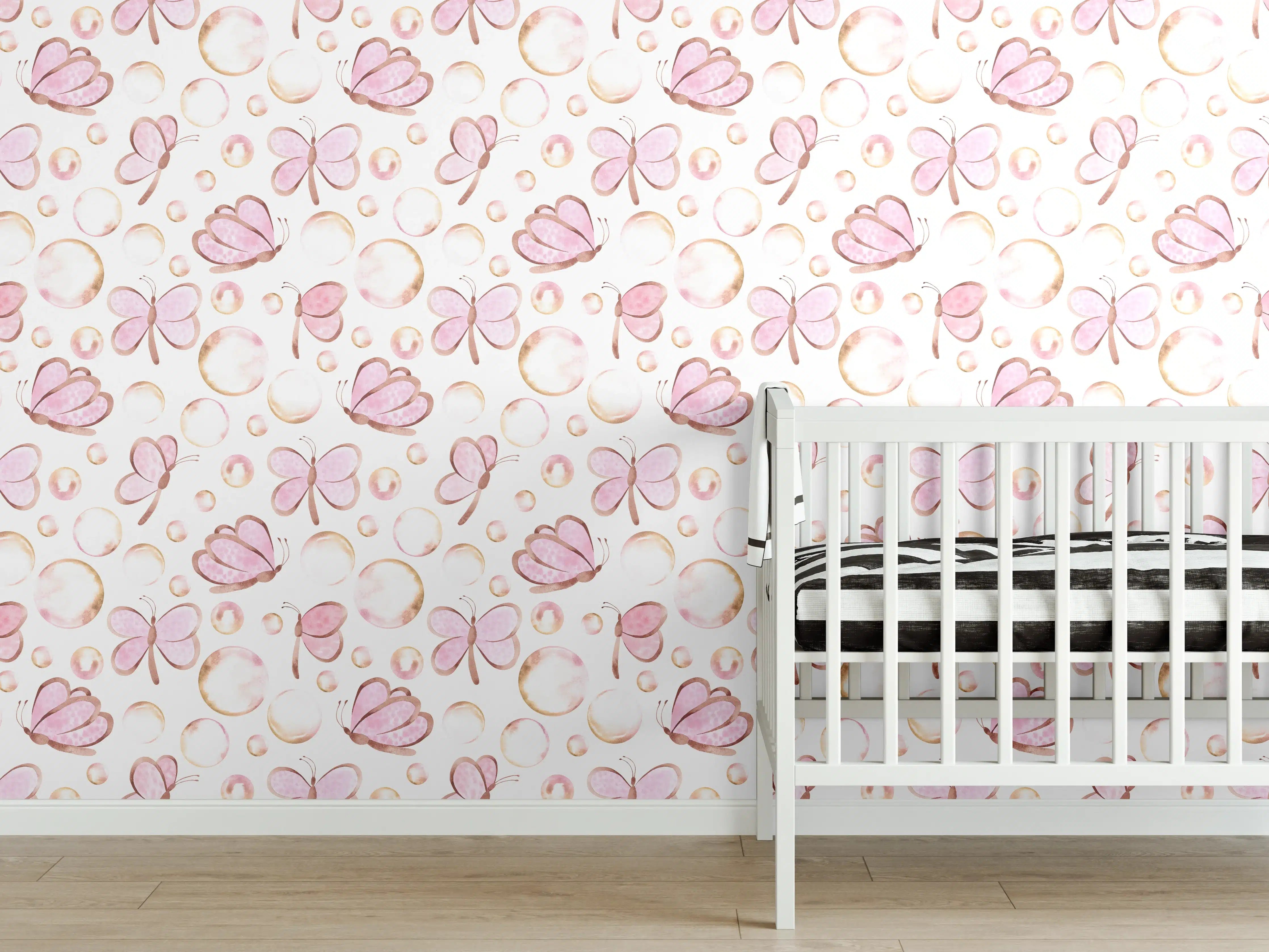 Babyzimmer Wandgestaltung - Sanfte rosa Schmetterlinge auf weißem Hintergrund