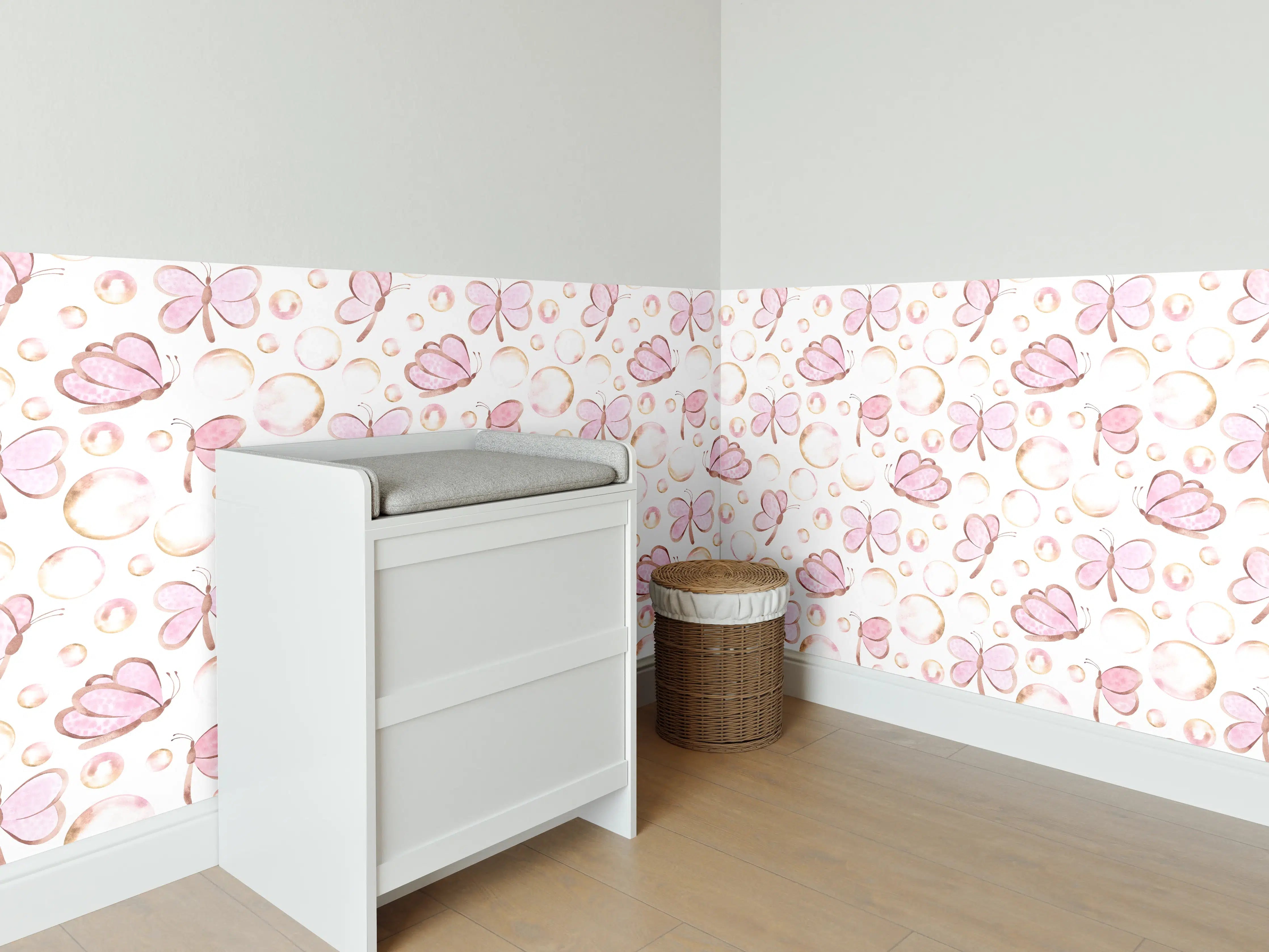 Babyzimmer Wandgestaltung - Sanfte rosa Schmetterlinge auf weißem Hintergrund