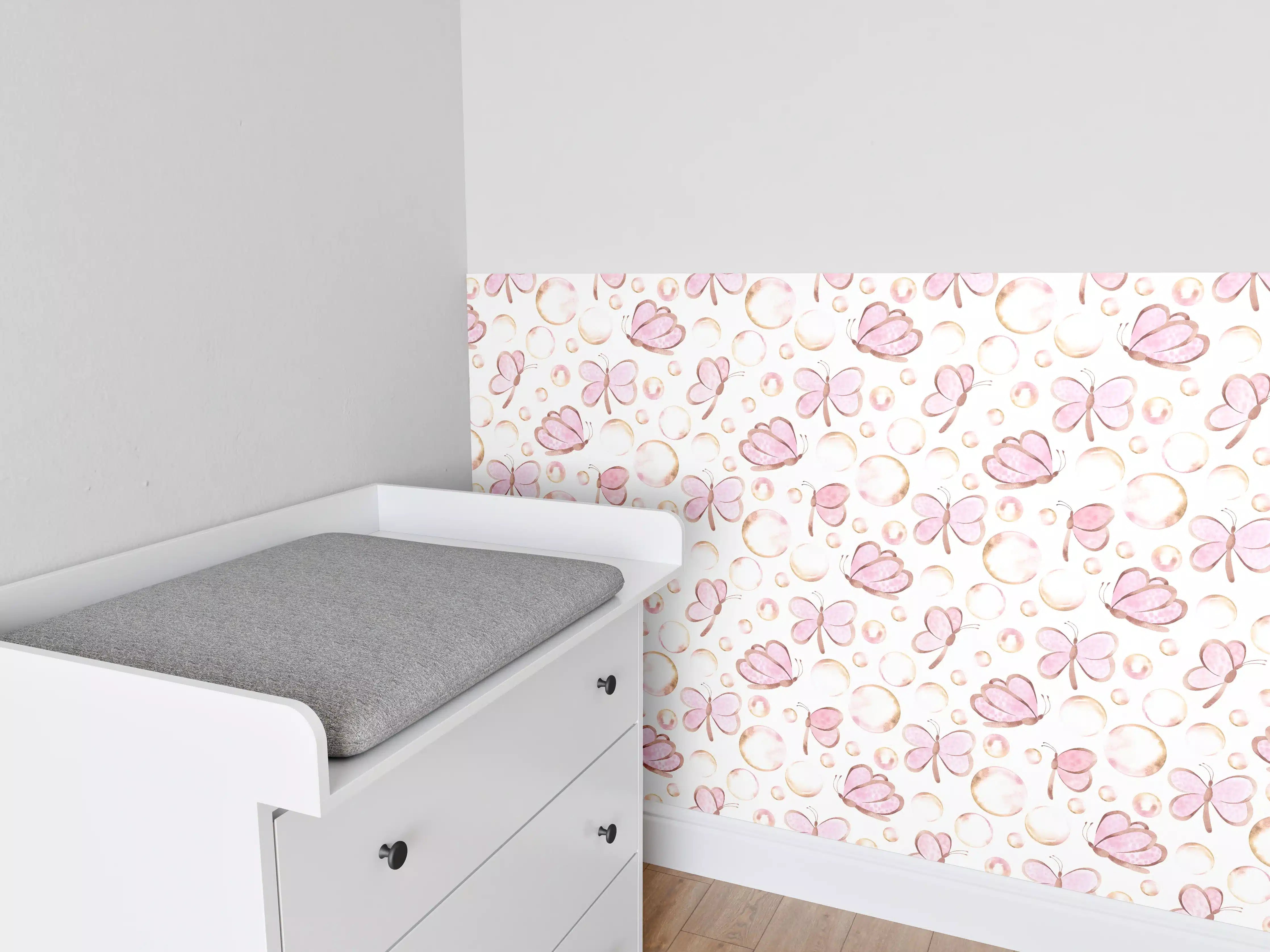 Babyzimmer Wandgestaltung - Sanfte rosa Schmetterlinge auf weißem Hintergrund