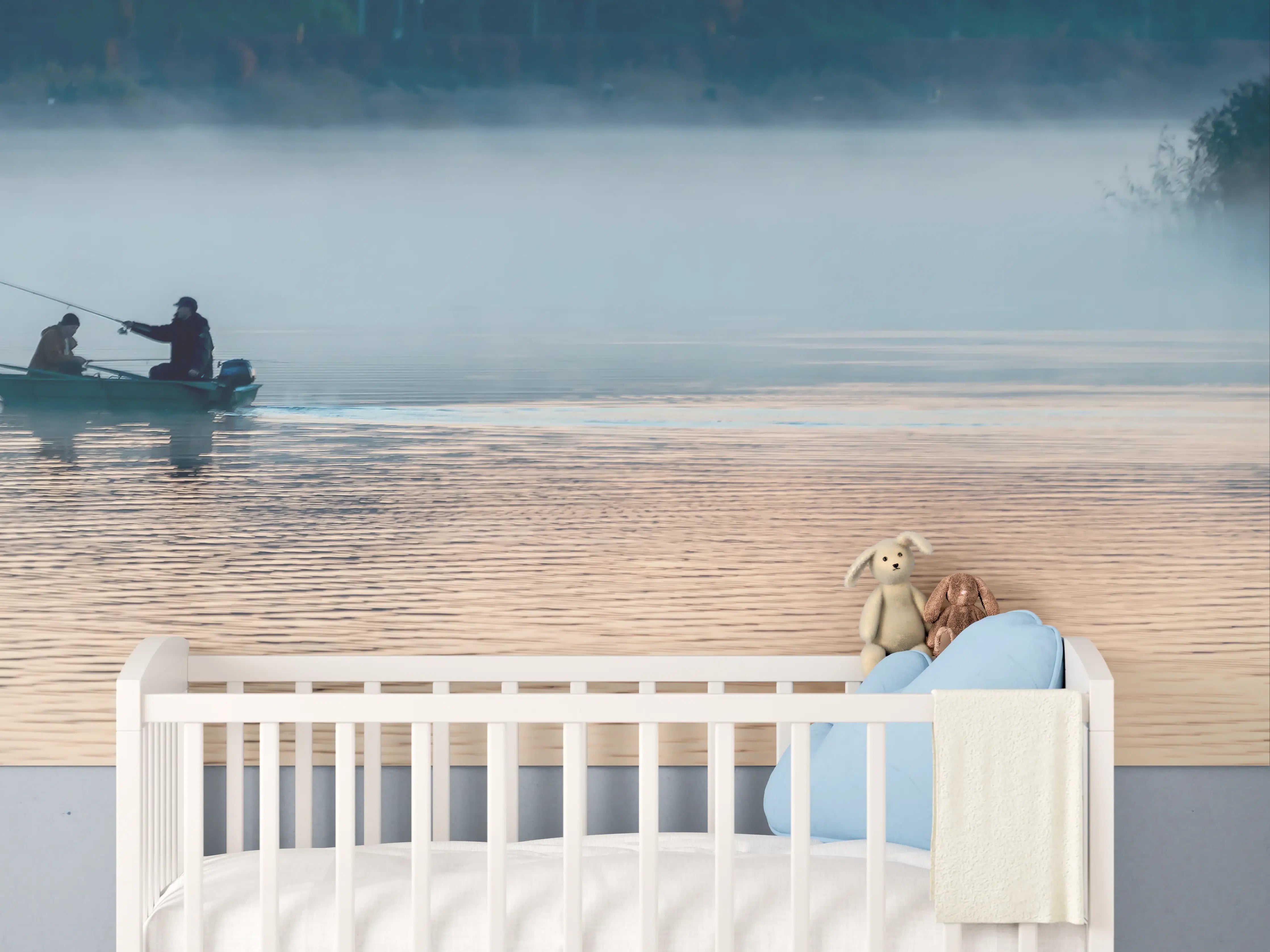 Babyzimmer Wandgestaltung - Sanftes Morgendämmerungsszenario am Wasser