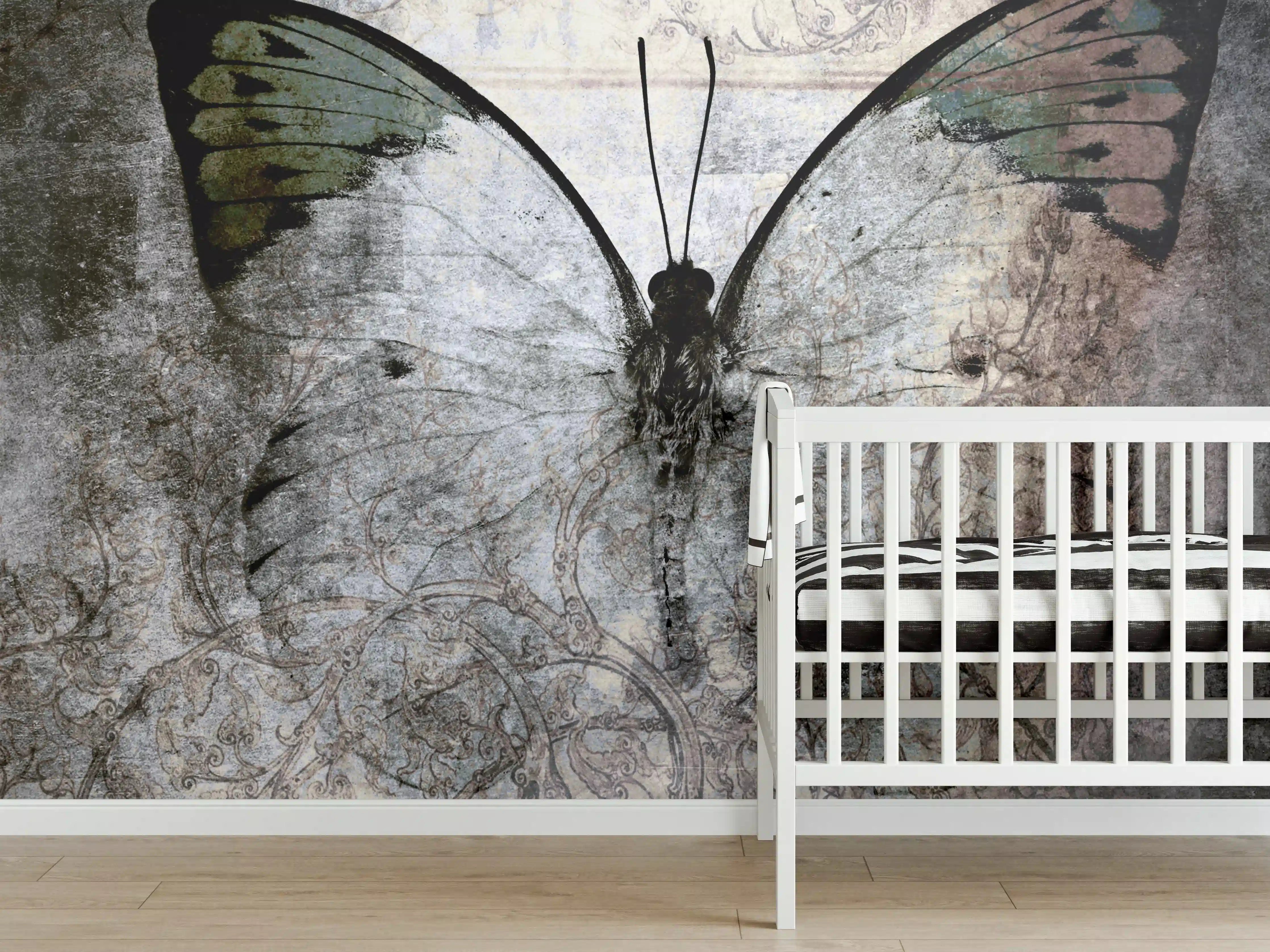 Babyzimmer Wandgestaltung - Schmetterling mit eleganten Flügeln in dunkler Atmosphäre