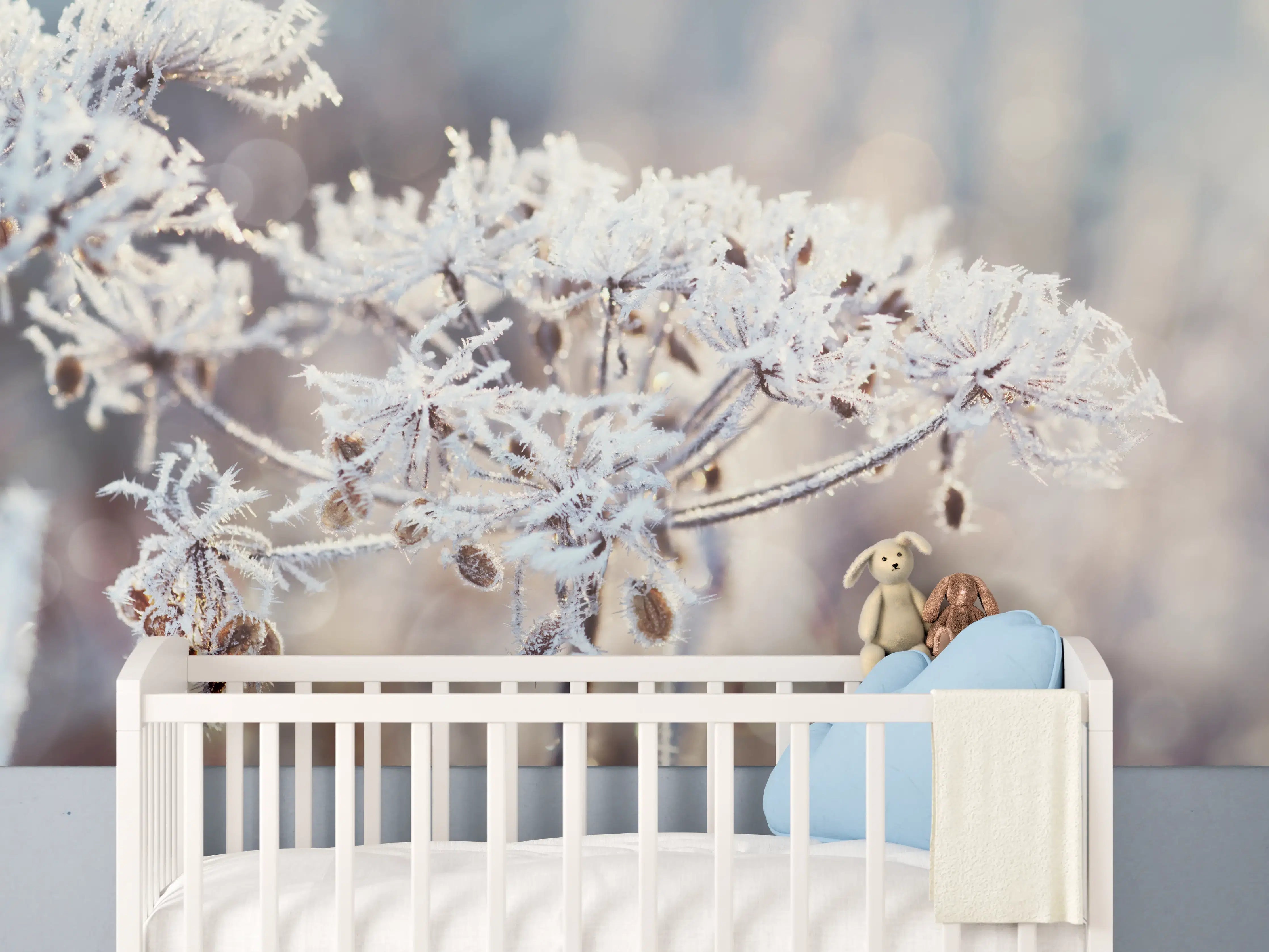 Babyzimmer Wandgestaltung - Schneetau auf Pflanzen