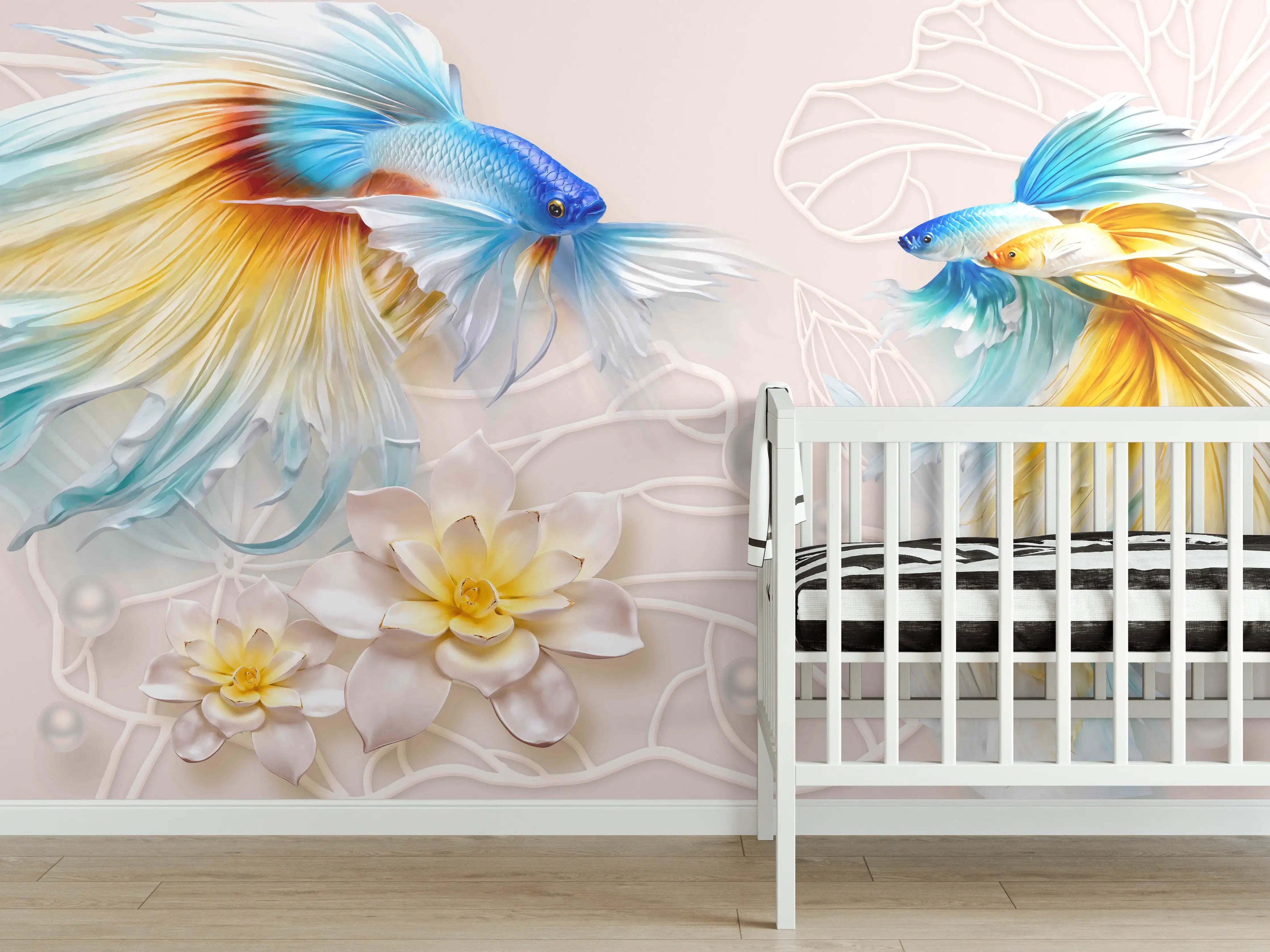 Babyzimmer Wandgestaltung - Schöne Fische auf Rosa Hintergrund