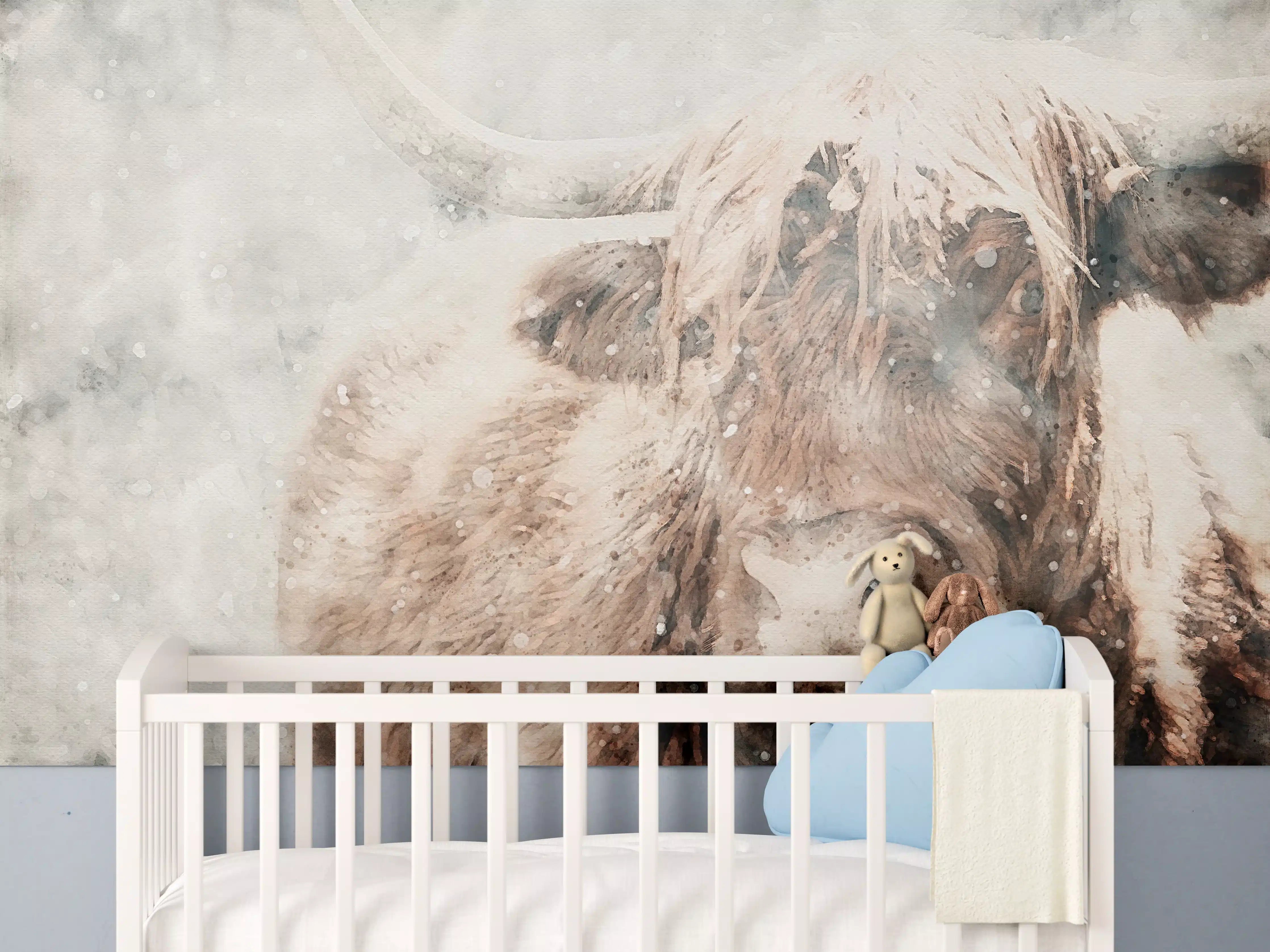 Babyzimmer Wandgestaltung - Schottisches Hochlandrind bei Schnee