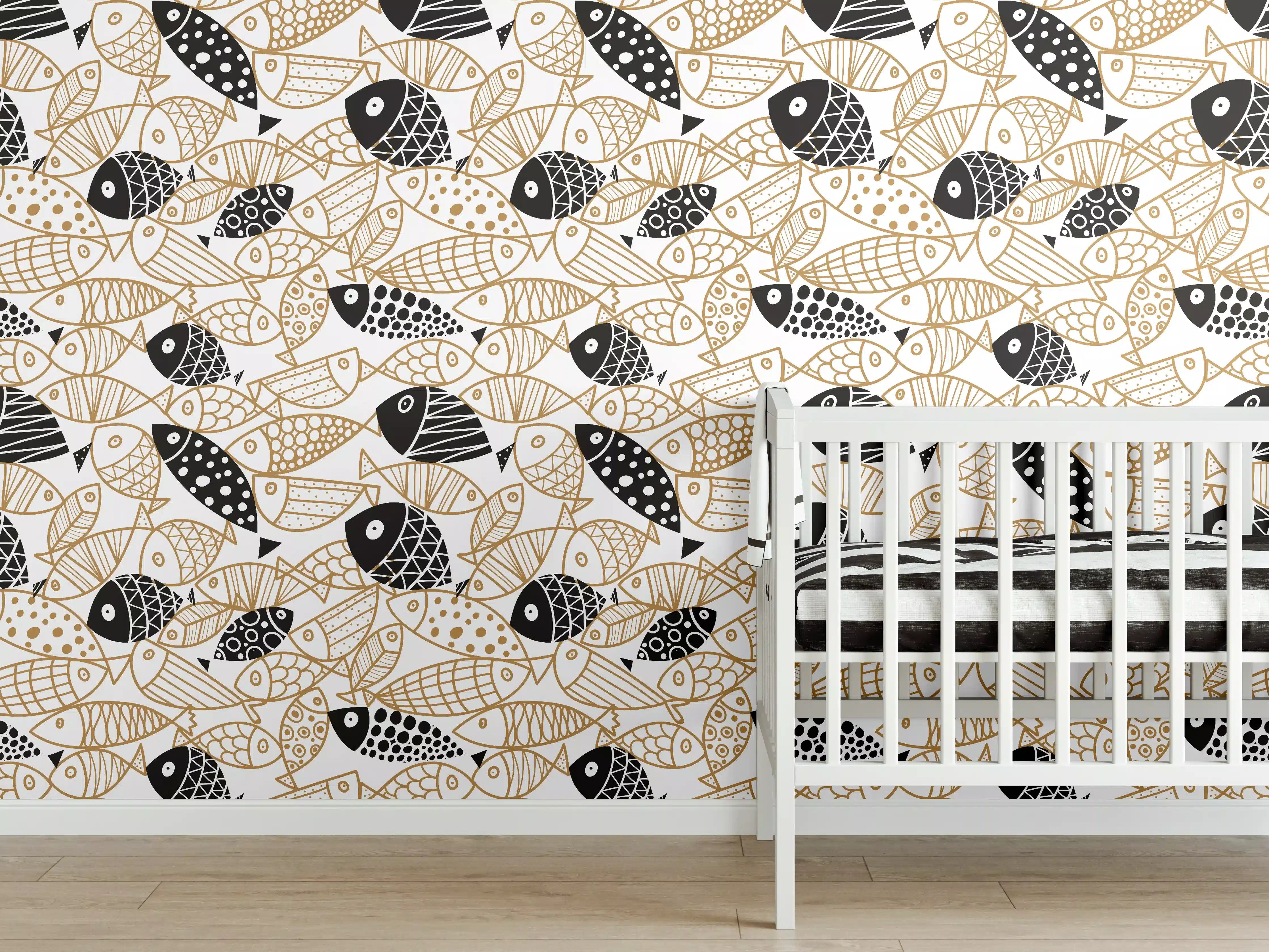 Babyzimmer Wandgestaltung - Schwarz-Gold Fische Muster