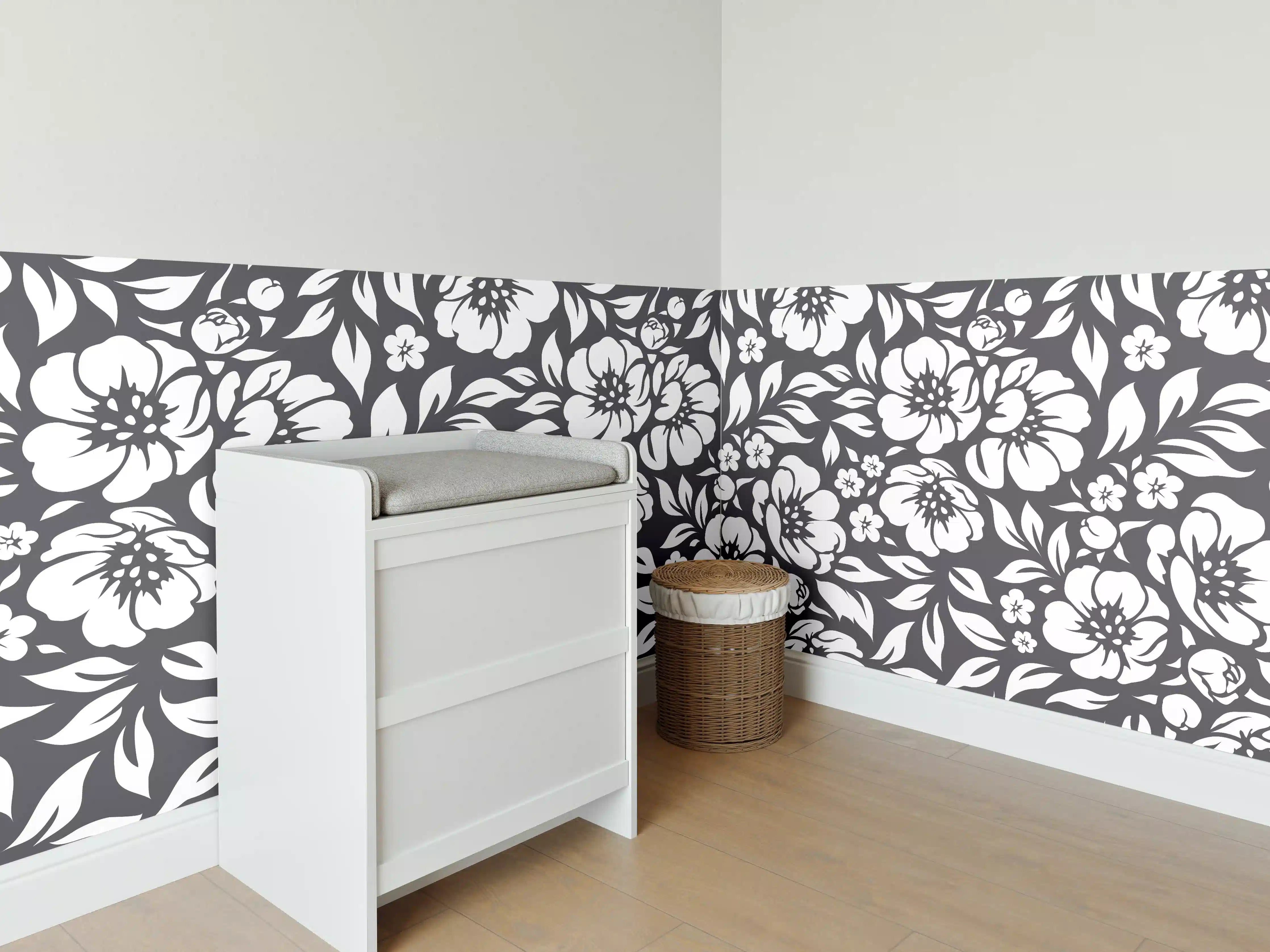 Babyzimmer Wandgestaltung - Schwarz-Weiß-Blumenmuster