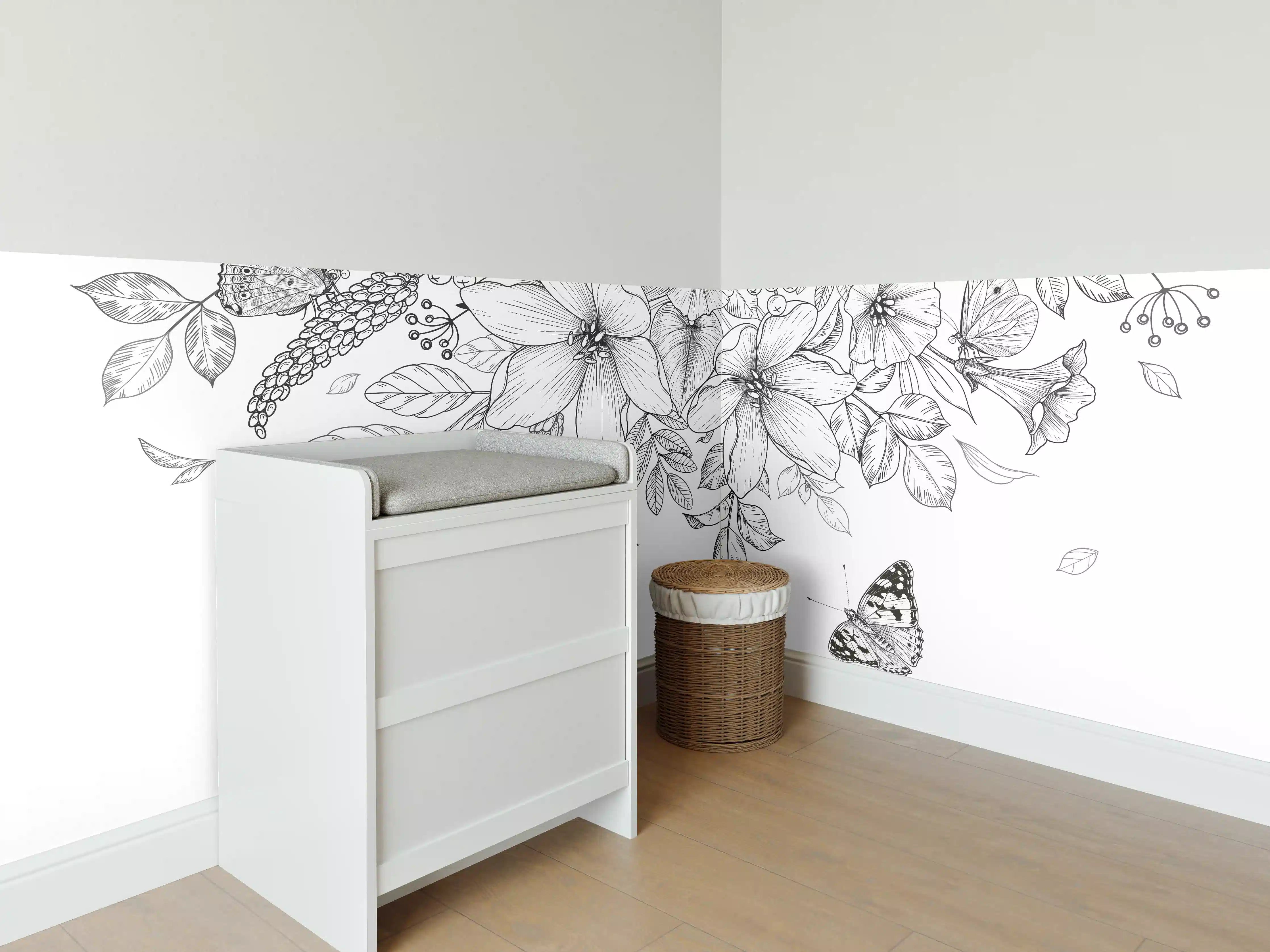 Babyzimmer Wandgestaltung - Schwarz-Weiß Floralzeichnung