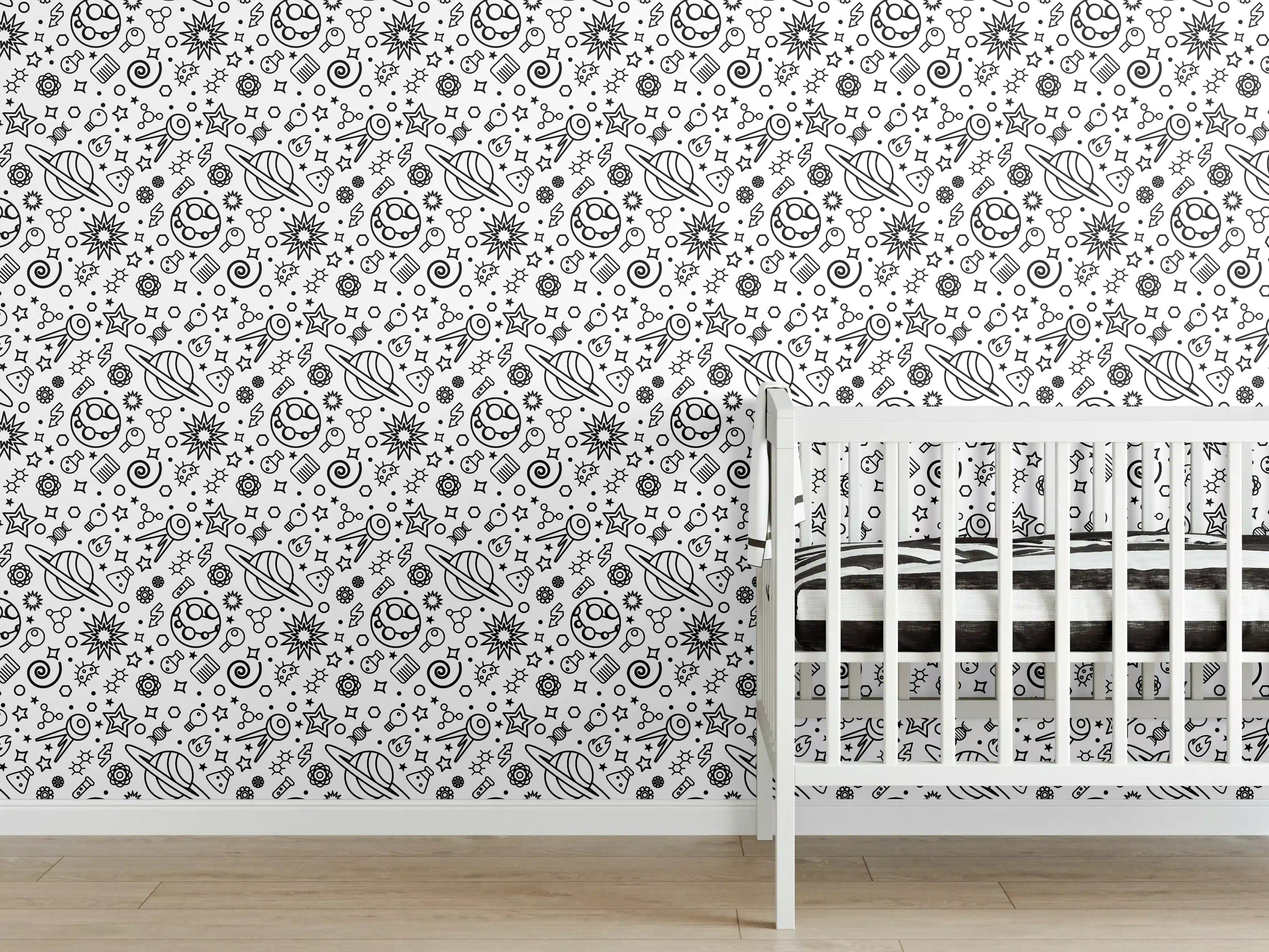 Babyzimmer Wandgestaltung - Schwarz-Weiß-Muster mit geometrischen und floral inspirierten Elementen
