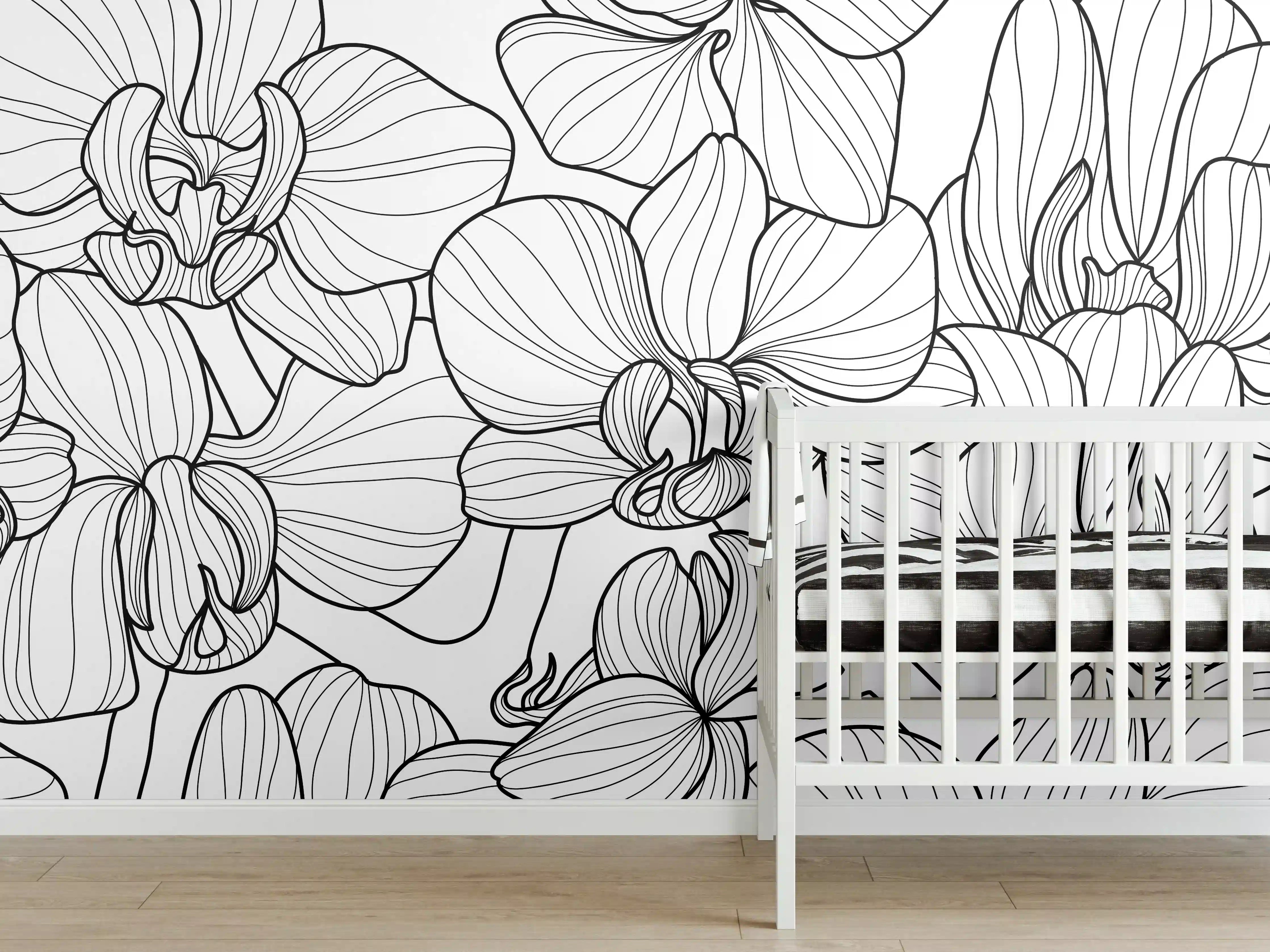 Babyzimmer Wandgestaltung - Schwarz-Weiß Orchideenzeichnung