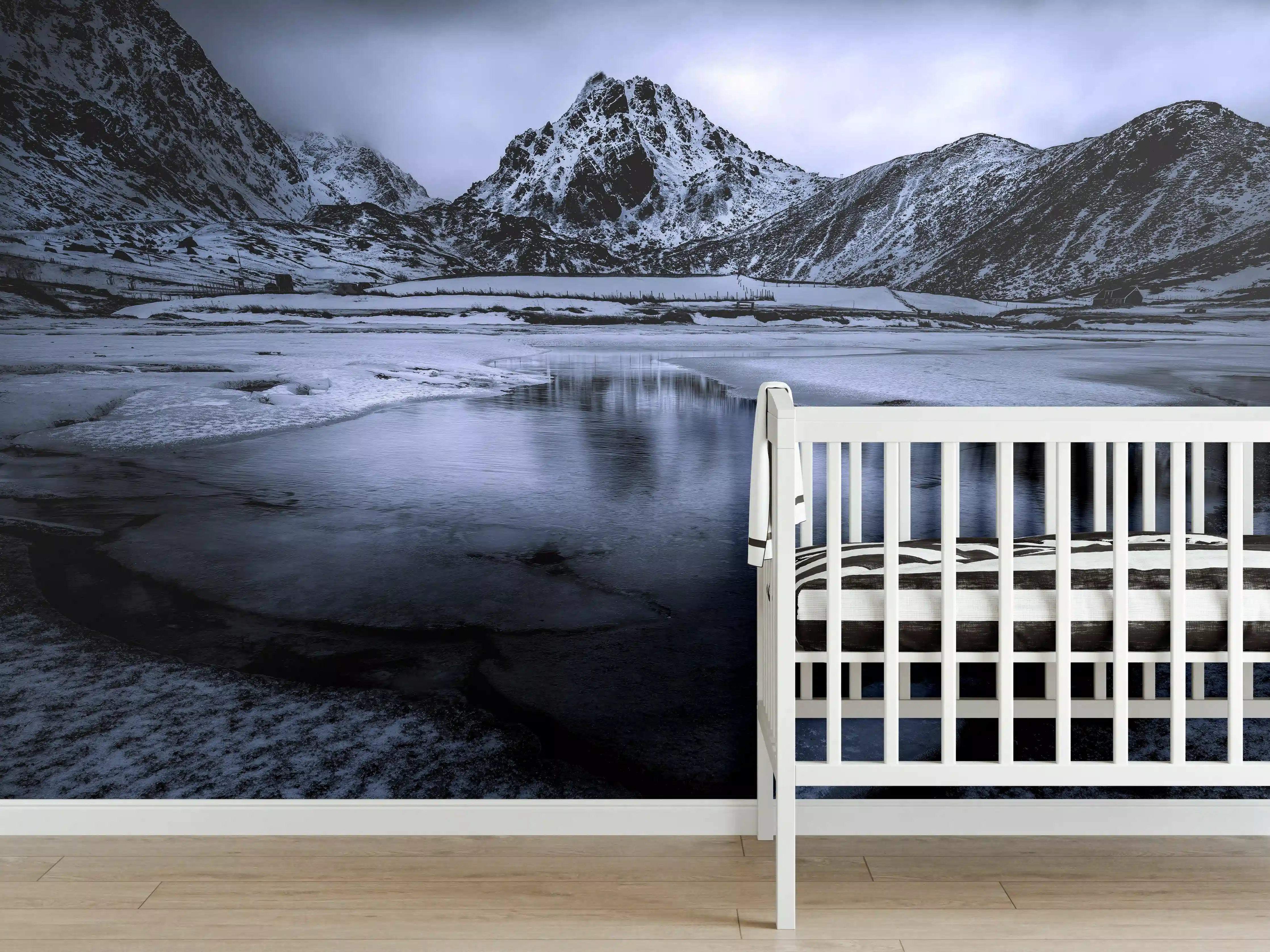 Babyzimmer Wandgestaltung - Schwarz-Weiß Winterlandschaft