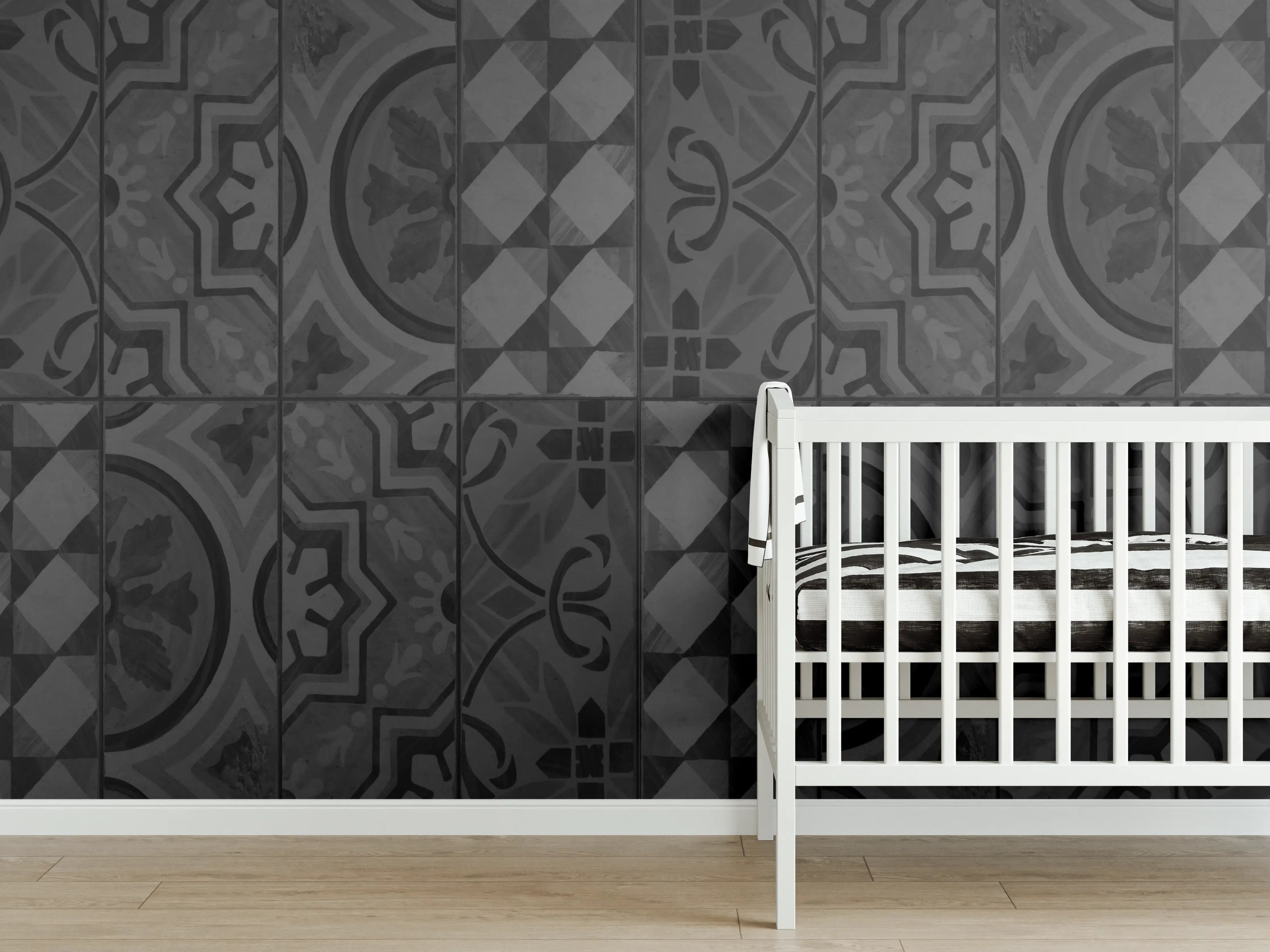 Babyzimmer Wandgestaltung - Schwarze geometrisch rechteckige Fliesen