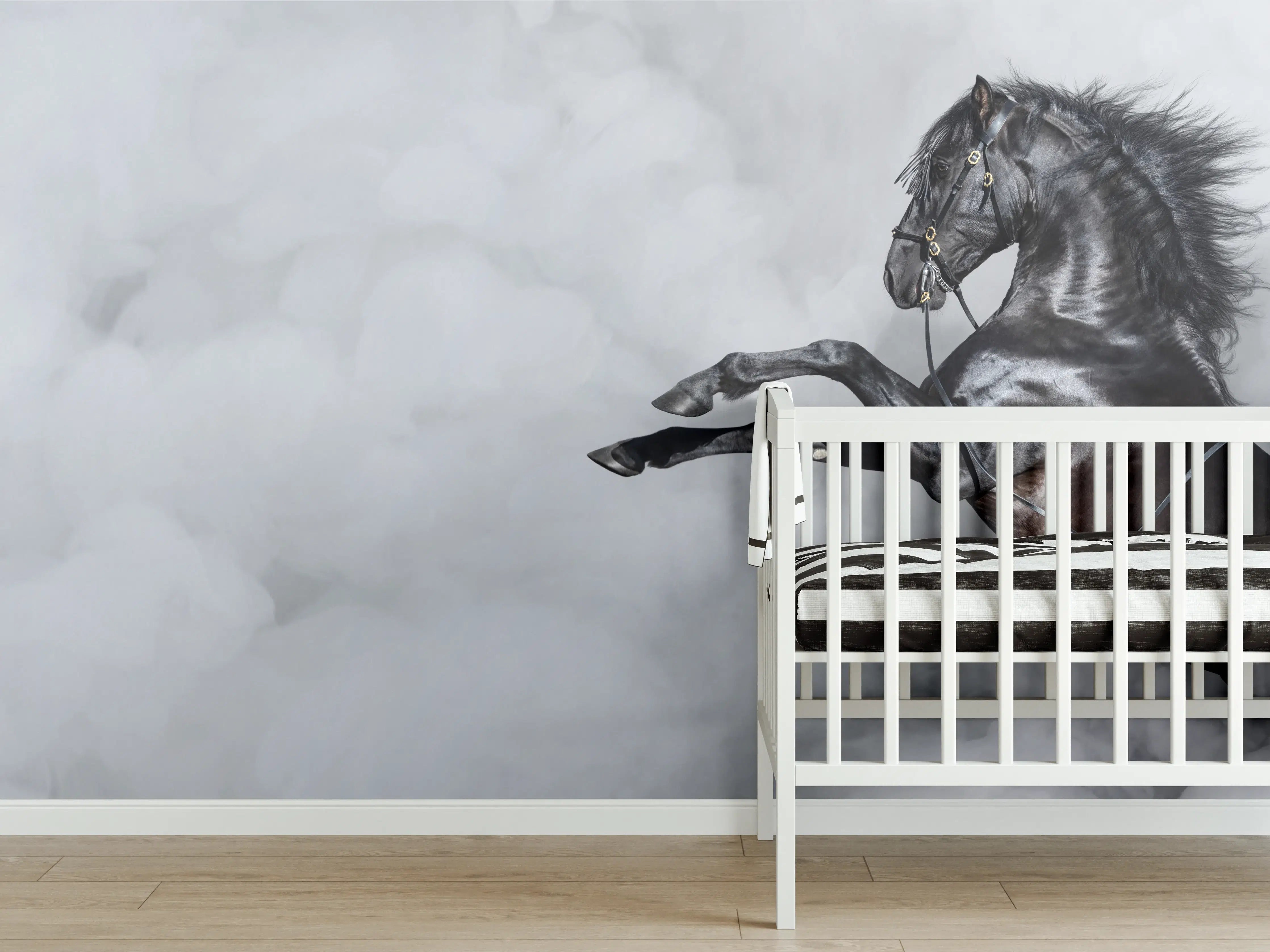 Babyzimmer Wandgestaltung - Schwarzes Pferd im Nebel Kunstbild