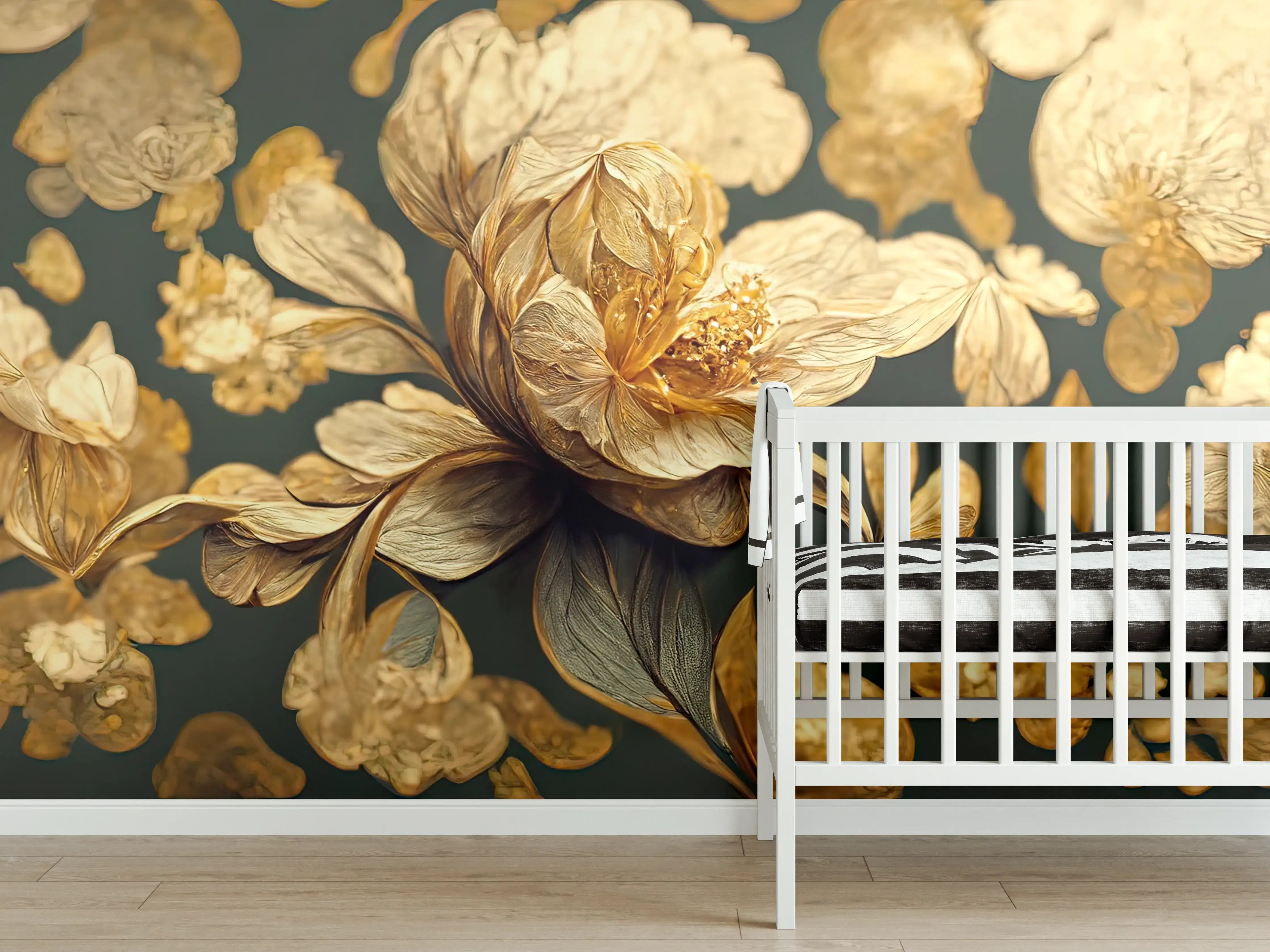 Babyzimmer Wandgestaltung - Silberne Blüten im Schatten