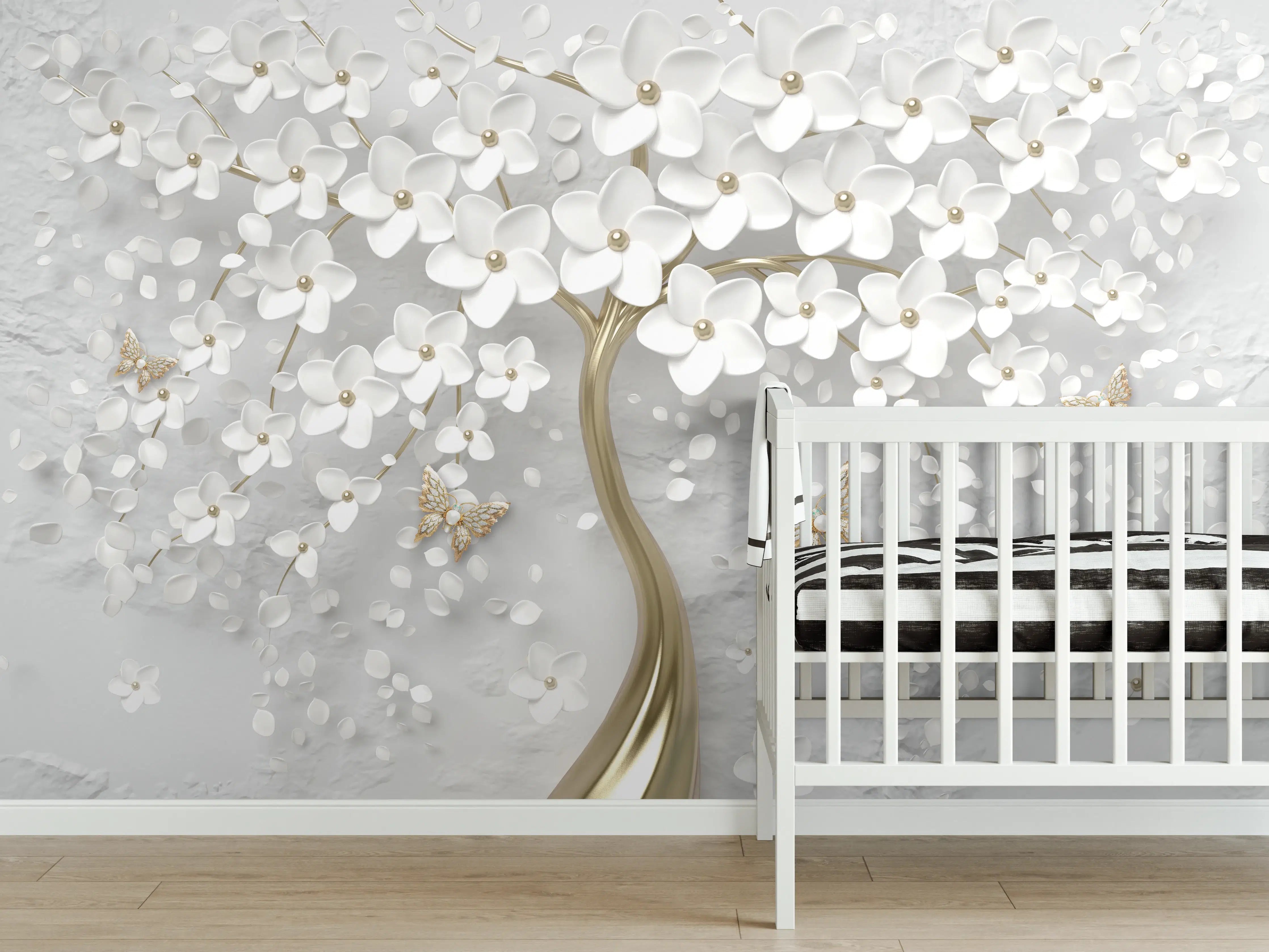 Babyzimmer Wandgestaltung - Silberner Baum - Floral