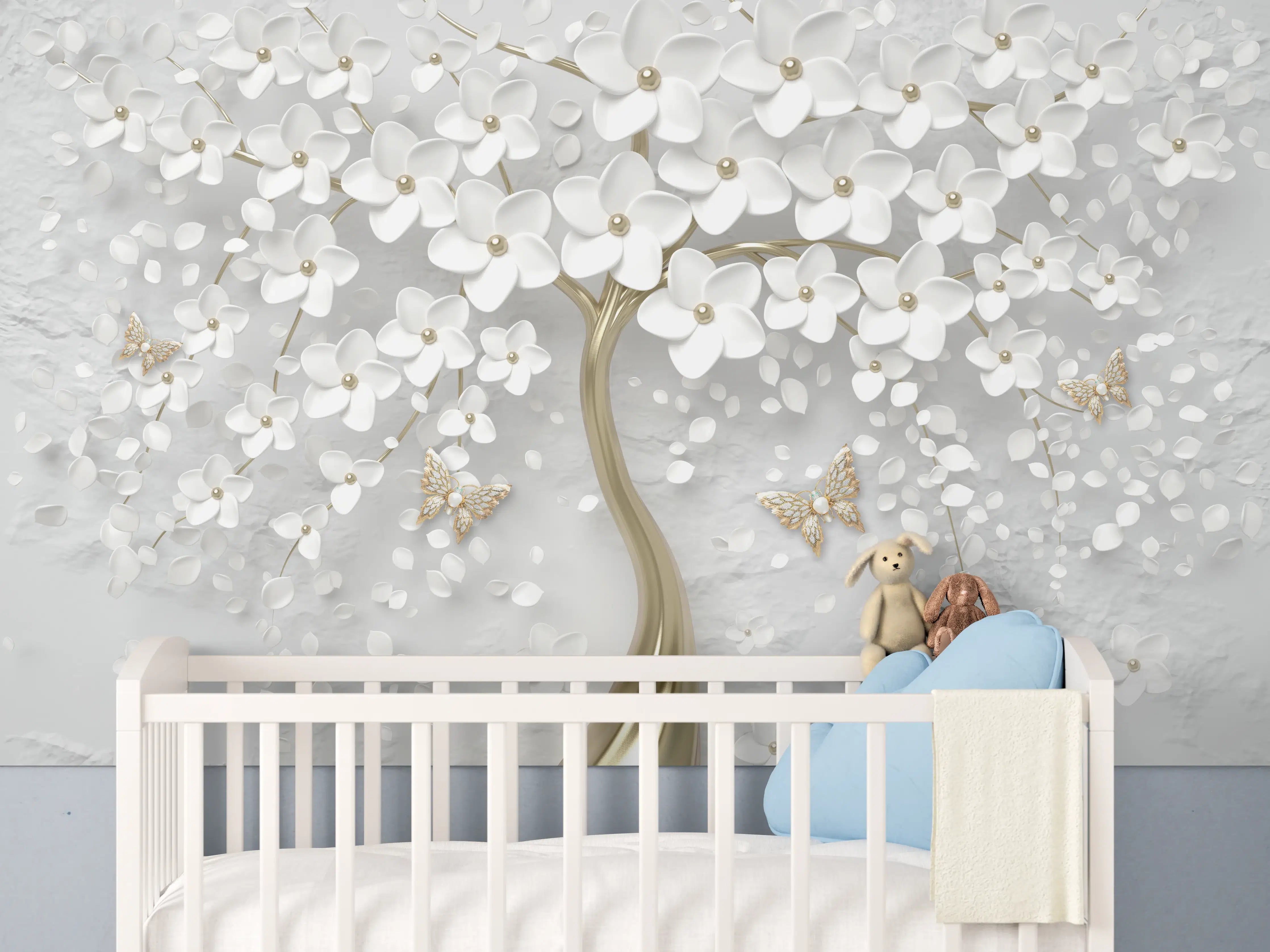 Babyzimmer Wandgestaltung - Silberner Baum - Floral