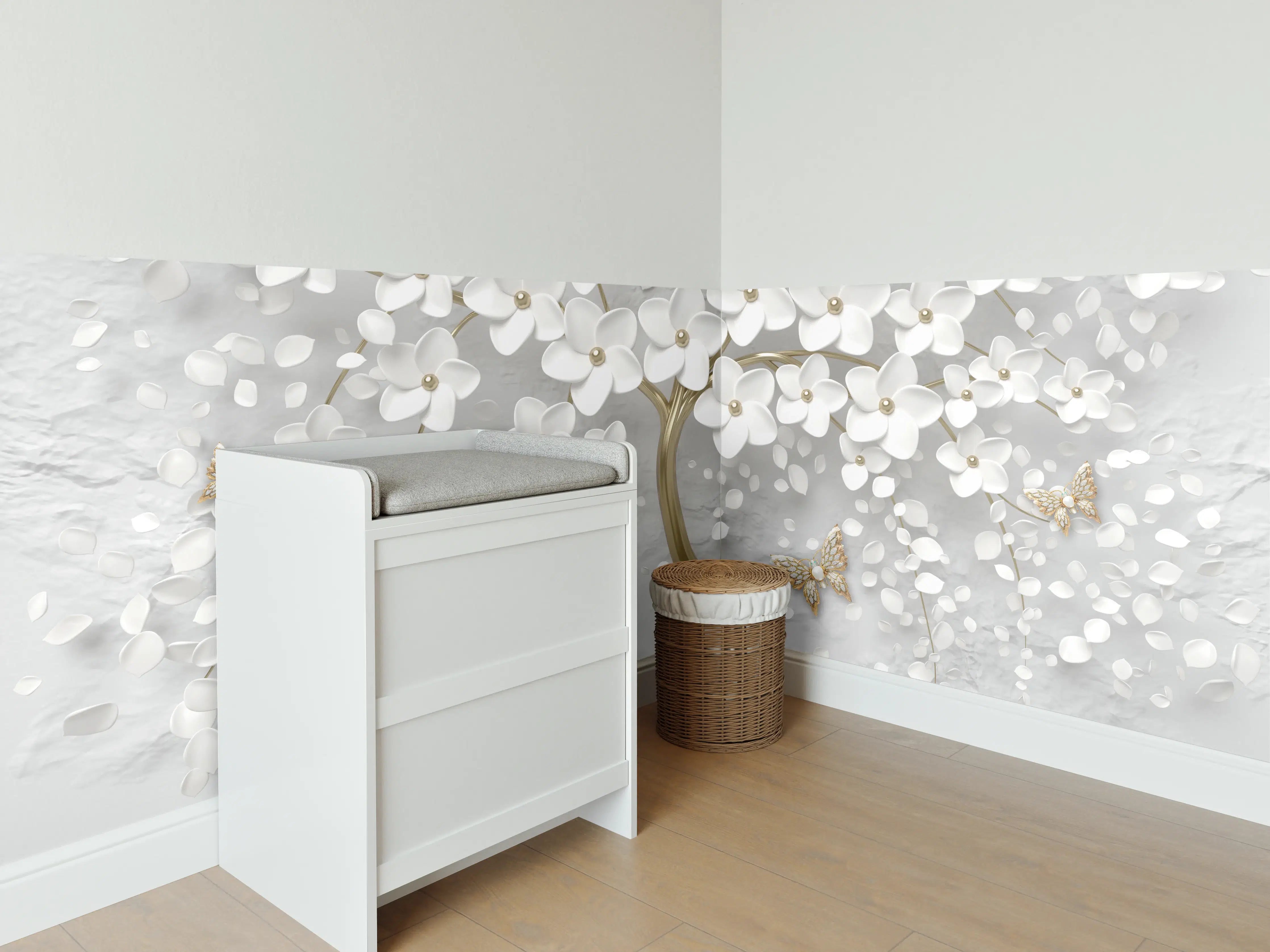 Babyzimmer Wandgestaltung - Silberner Baum - Floral