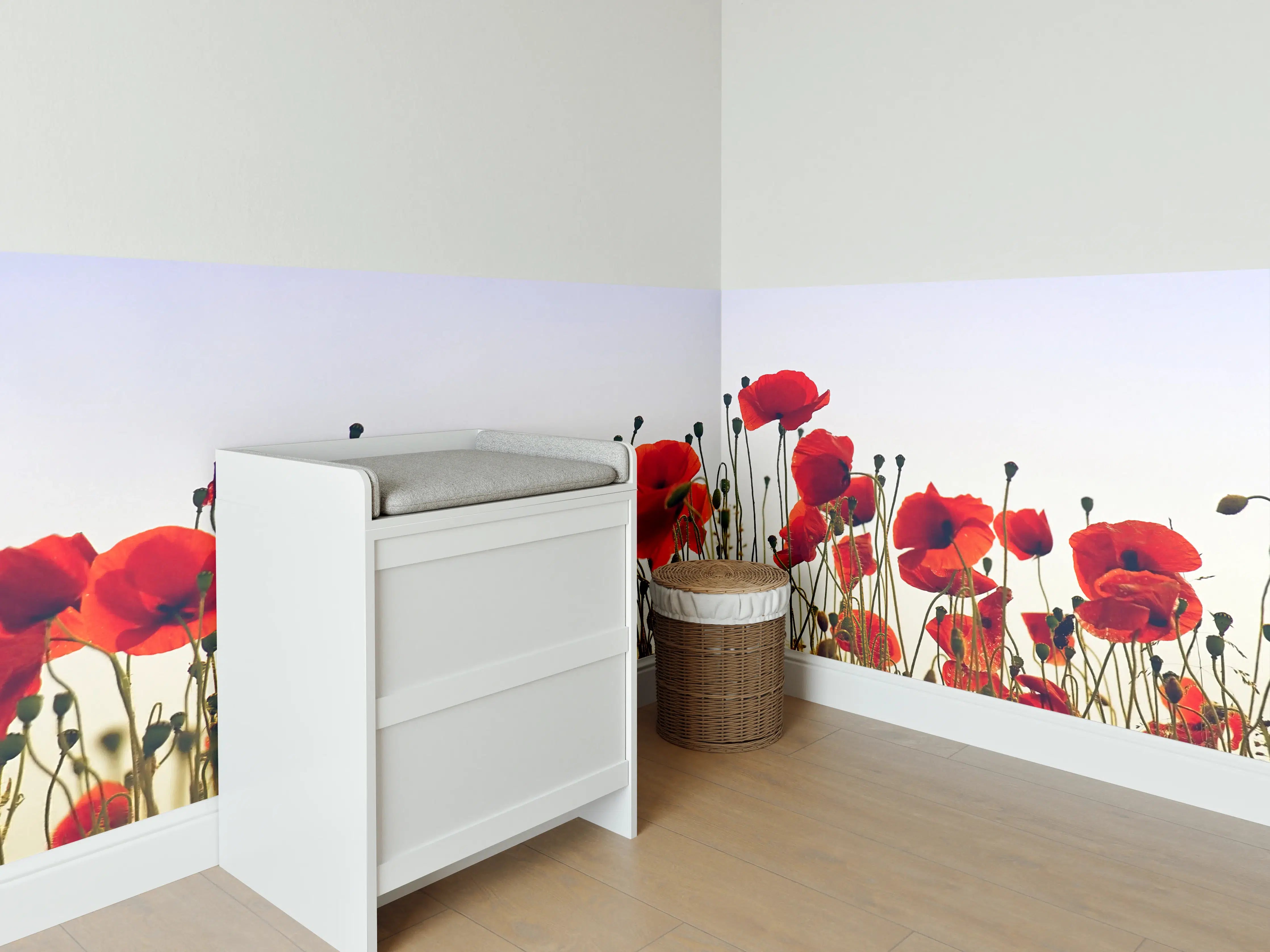 Babyzimmer Wandgestaltung - Silbrige Mohnblumen im Sonnenstrahl