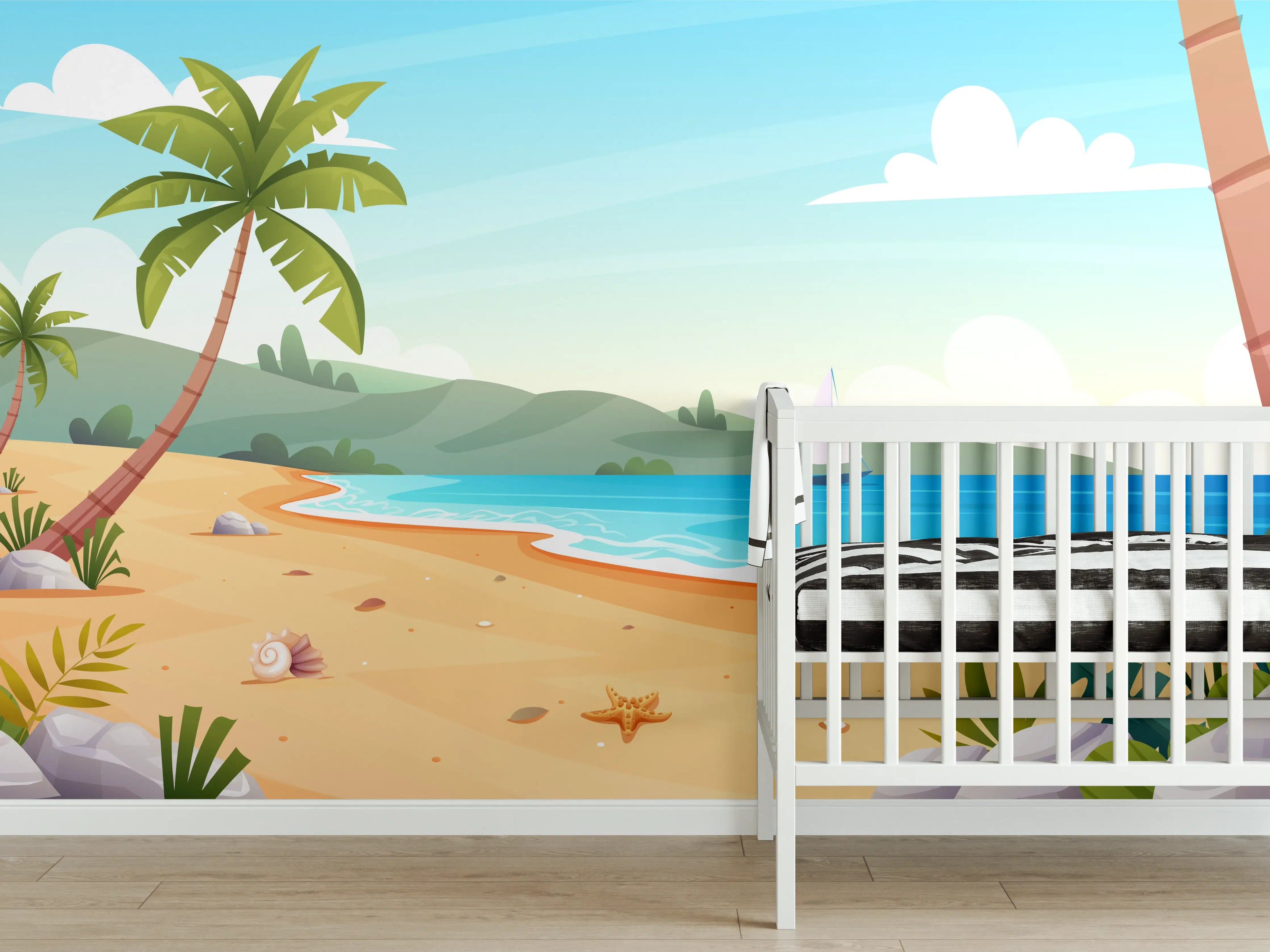 Babyzimmer Wandgestaltung - Silbriger Strand mit Palmen