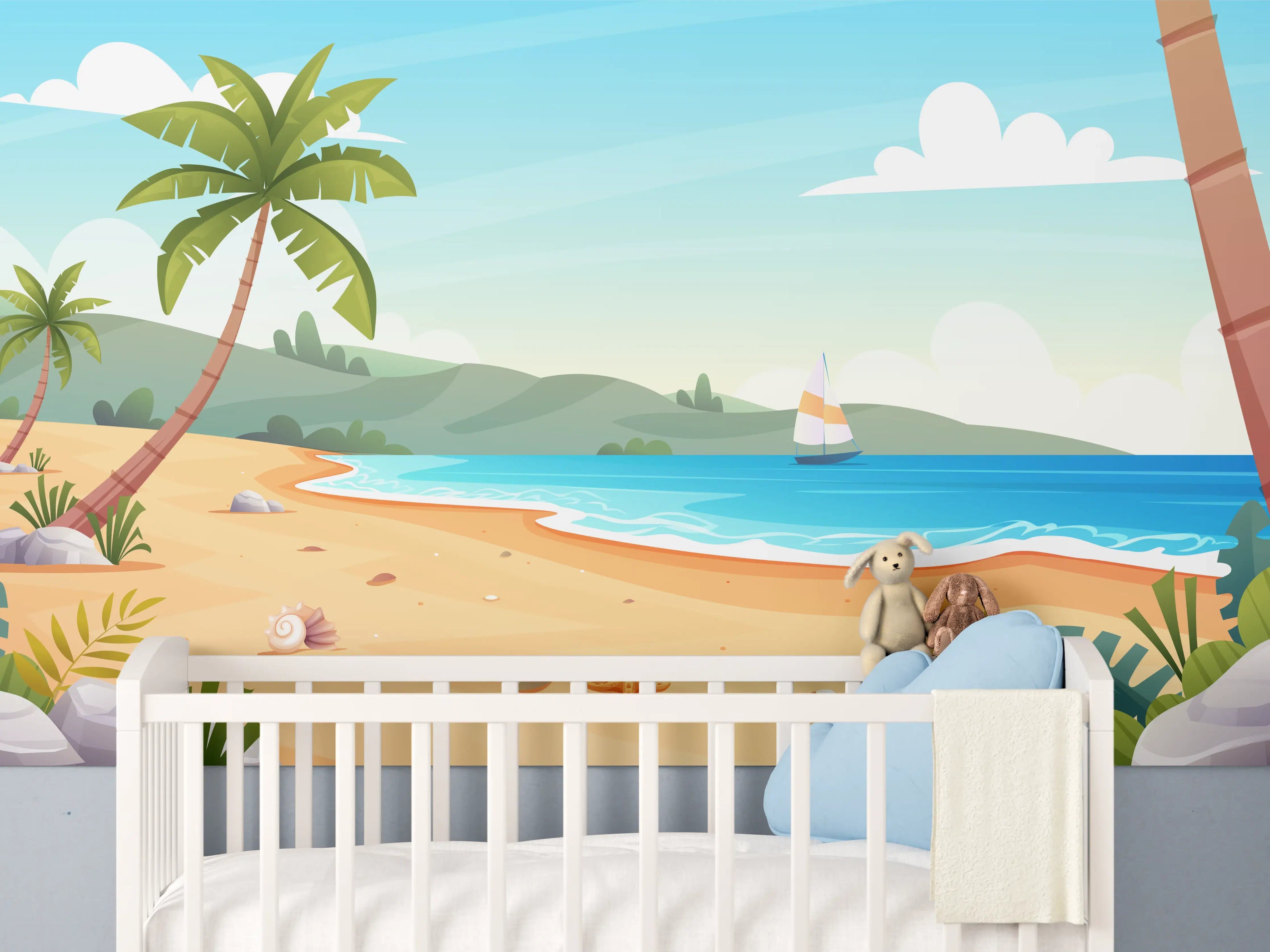 Babyzimmer Wandgestaltung - Silbriger Strand mit Palmen