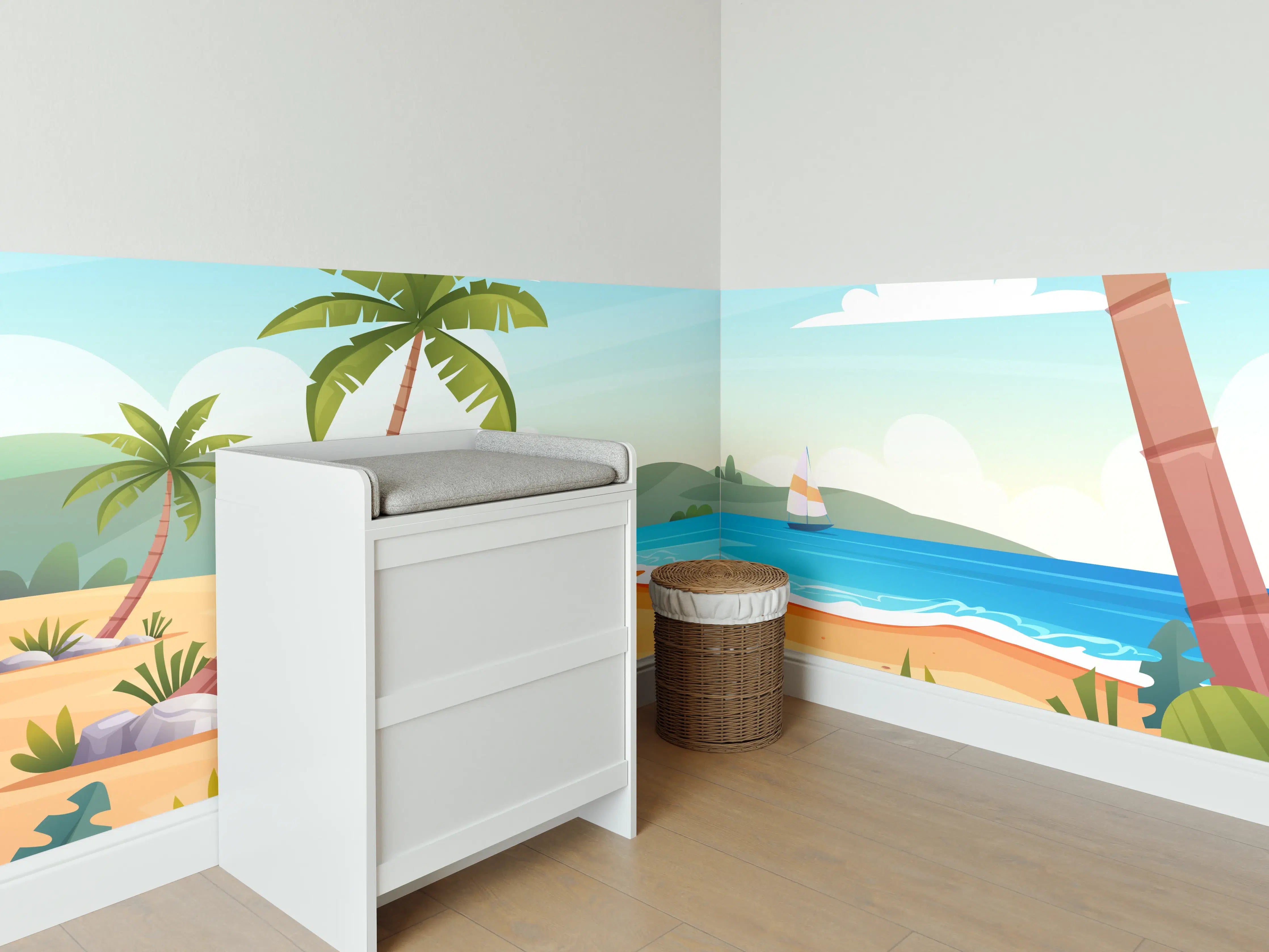 Babyzimmer Wandgestaltung - Silbriger Strand mit Palmen