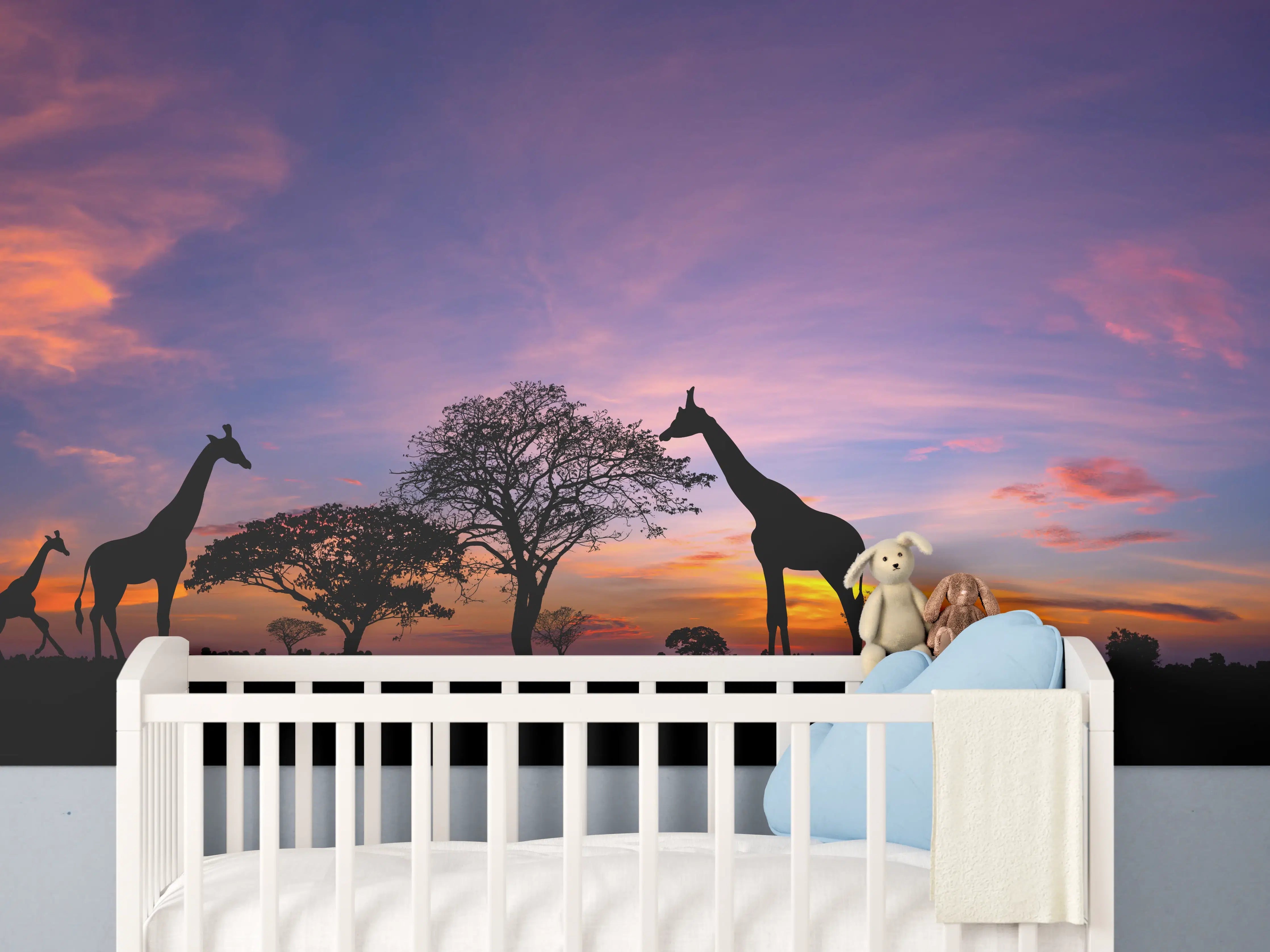 Babyzimmer Wandgestaltung - Silhouette - Giraffenfamilie bei Sonnenuntergang
