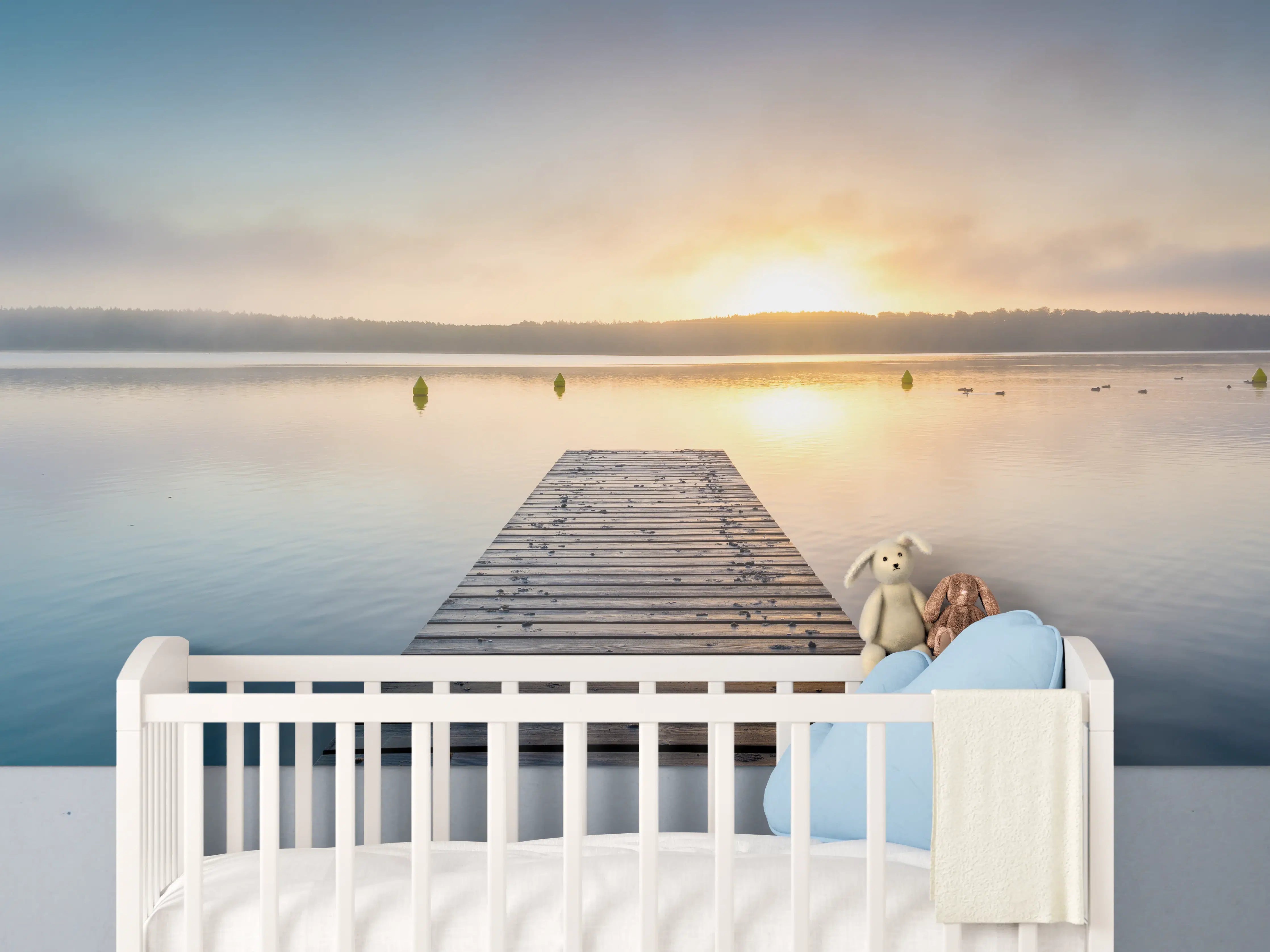Babyzimmer Wandgestaltung - Sonnenaufgang am See mit Nebel