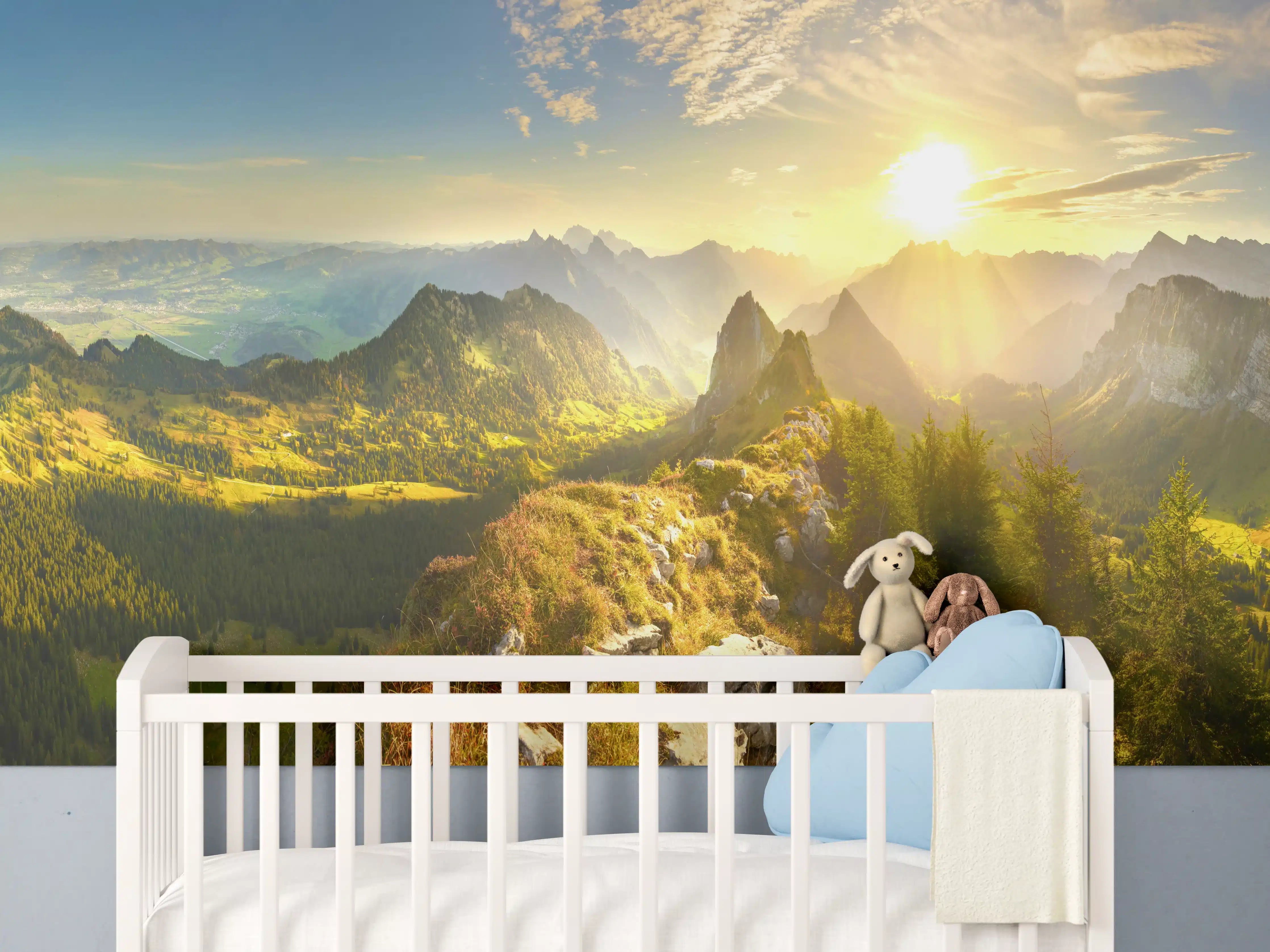 Babyzimmer Wandgestaltung - Sonnenaufgang über Schweizer Tal