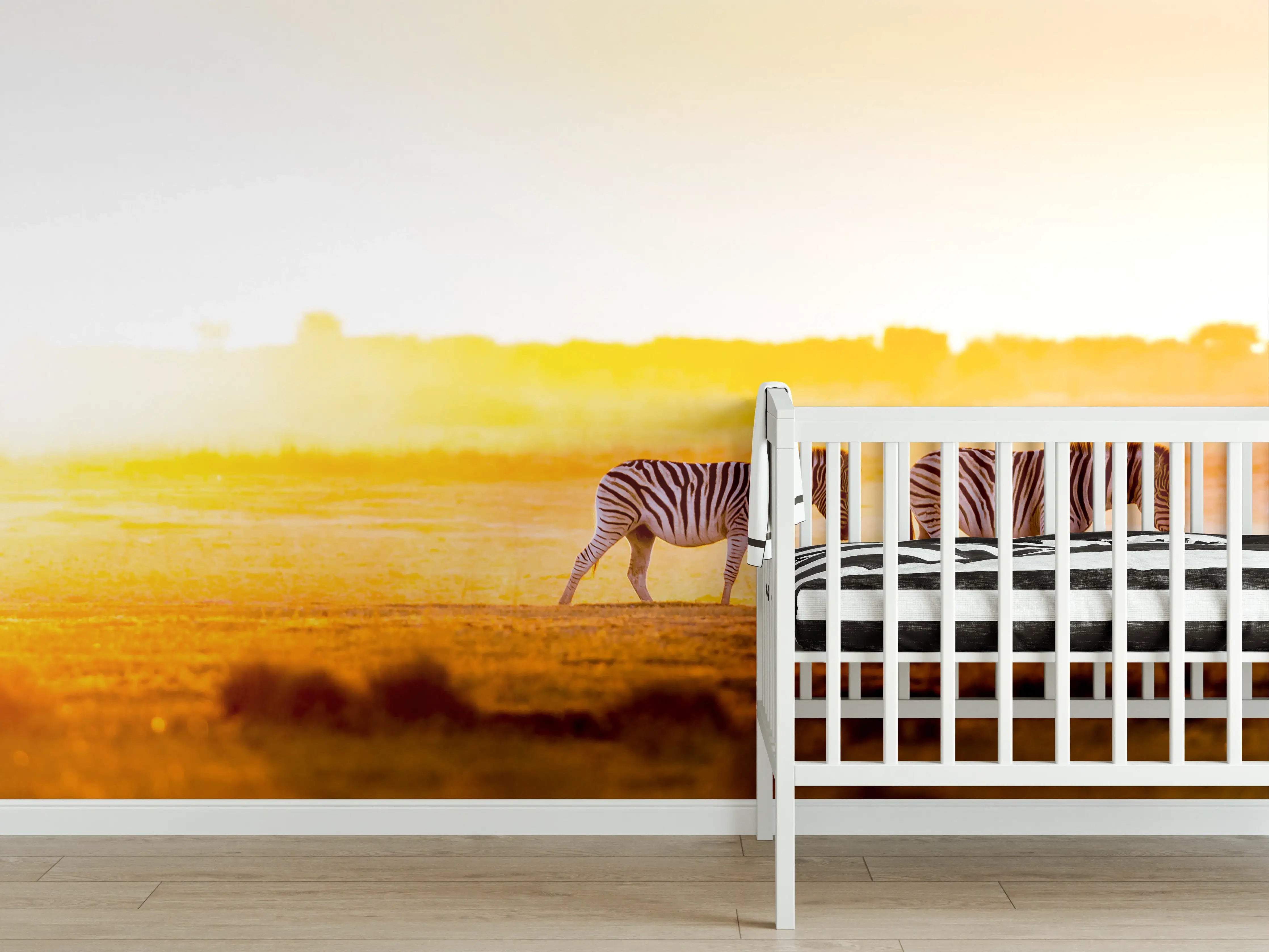 Babyzimmer Wandgestaltung - Sonnenaufgang über der Savanne mit Zebras