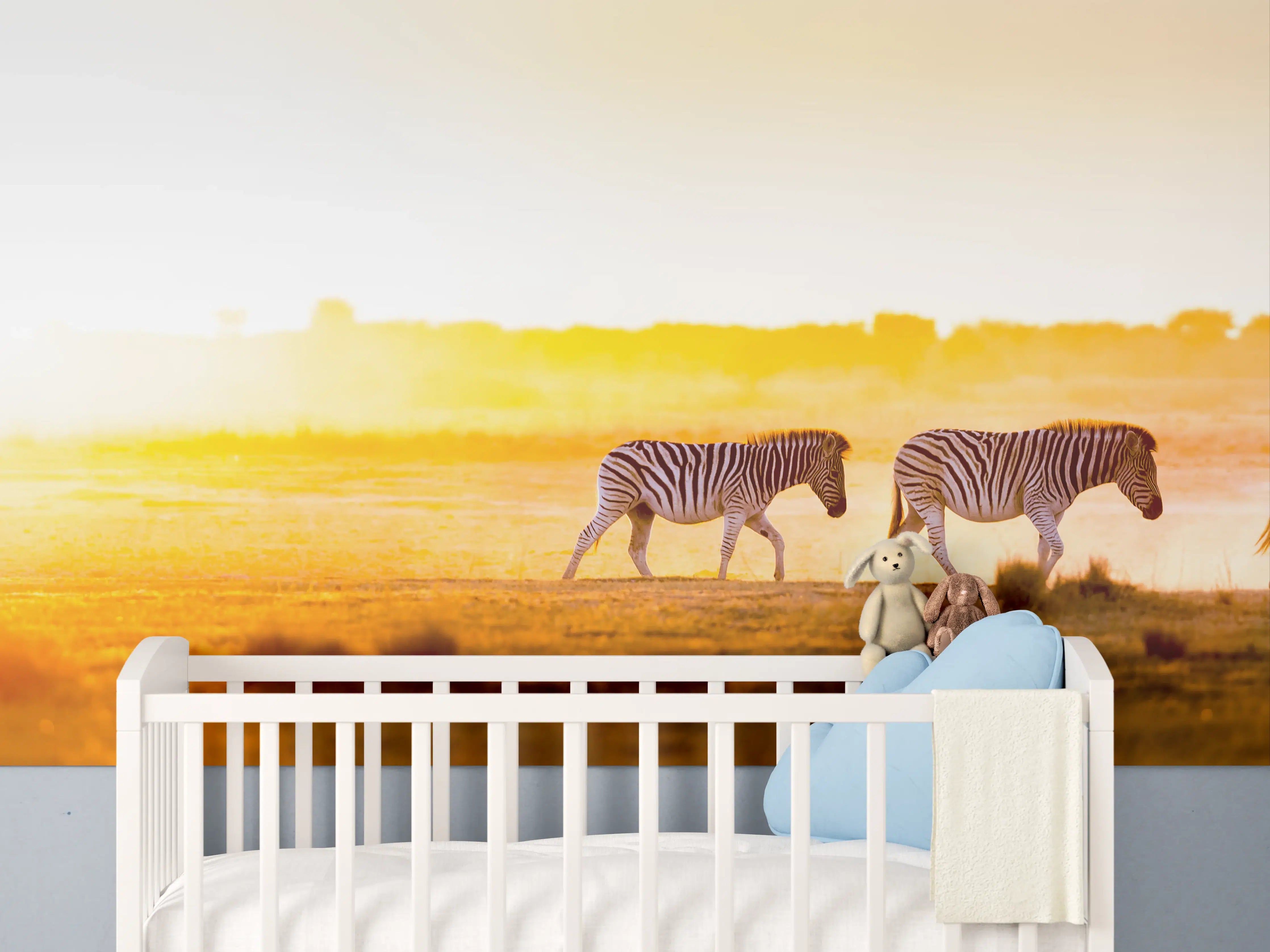Babyzimmer Wandgestaltung - Sonnenaufgang über der Savanne mit Zebras