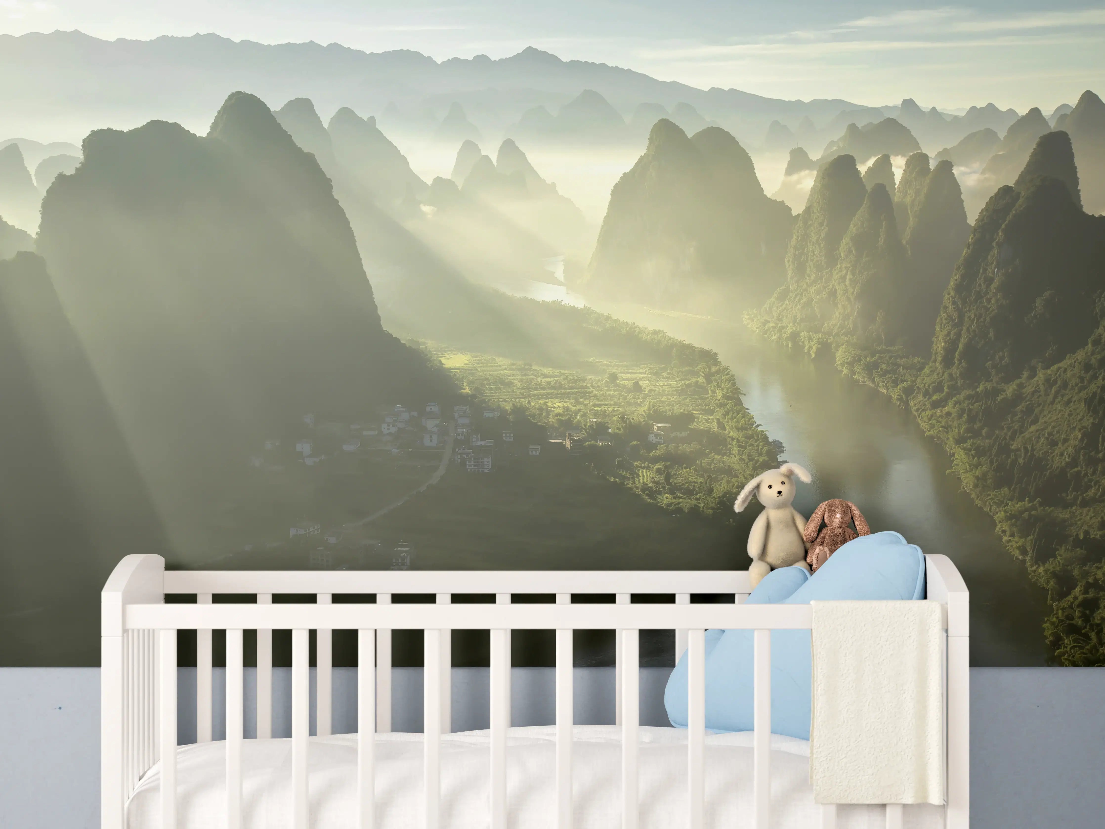 Babyzimmer Wandgestaltung - Sonnendurchflutete Li-Flusslandschaft
