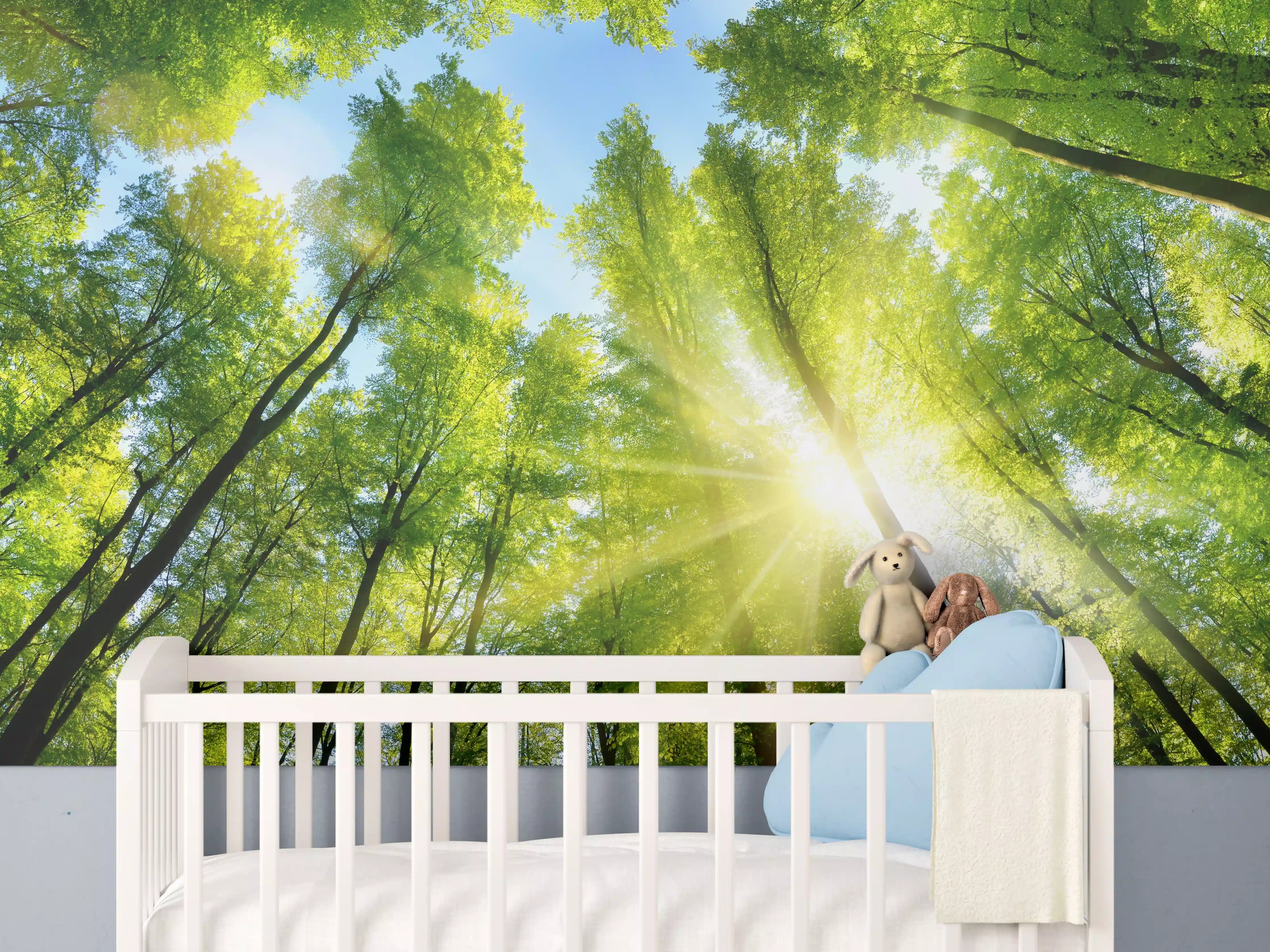 Babyzimmer Wandgestaltung - Sonnenstrahlen durch grüne Baumkronen