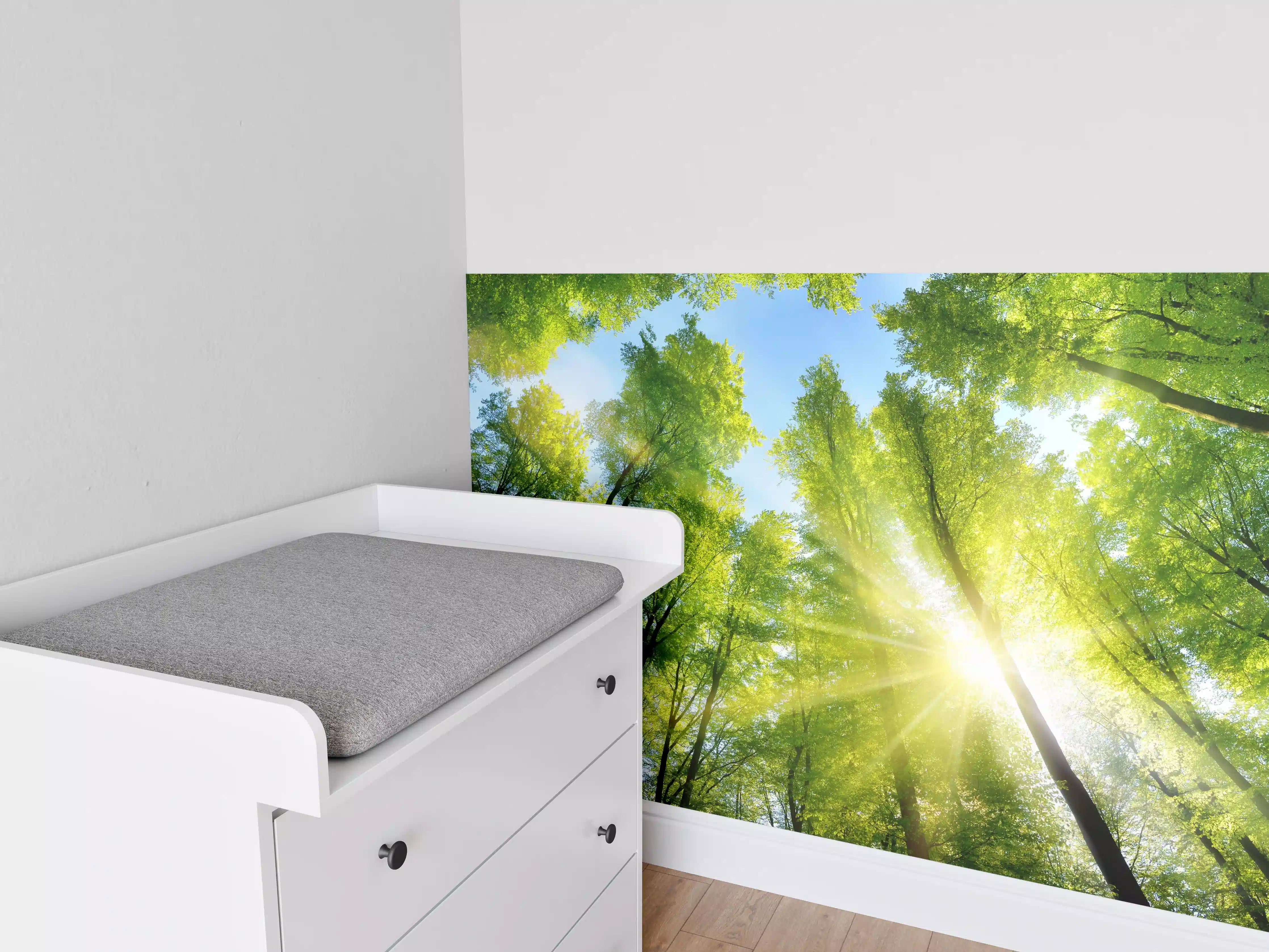 Babyzimmer Wandgestaltung - Sonnenstrahlen durch grüne Baumkronen