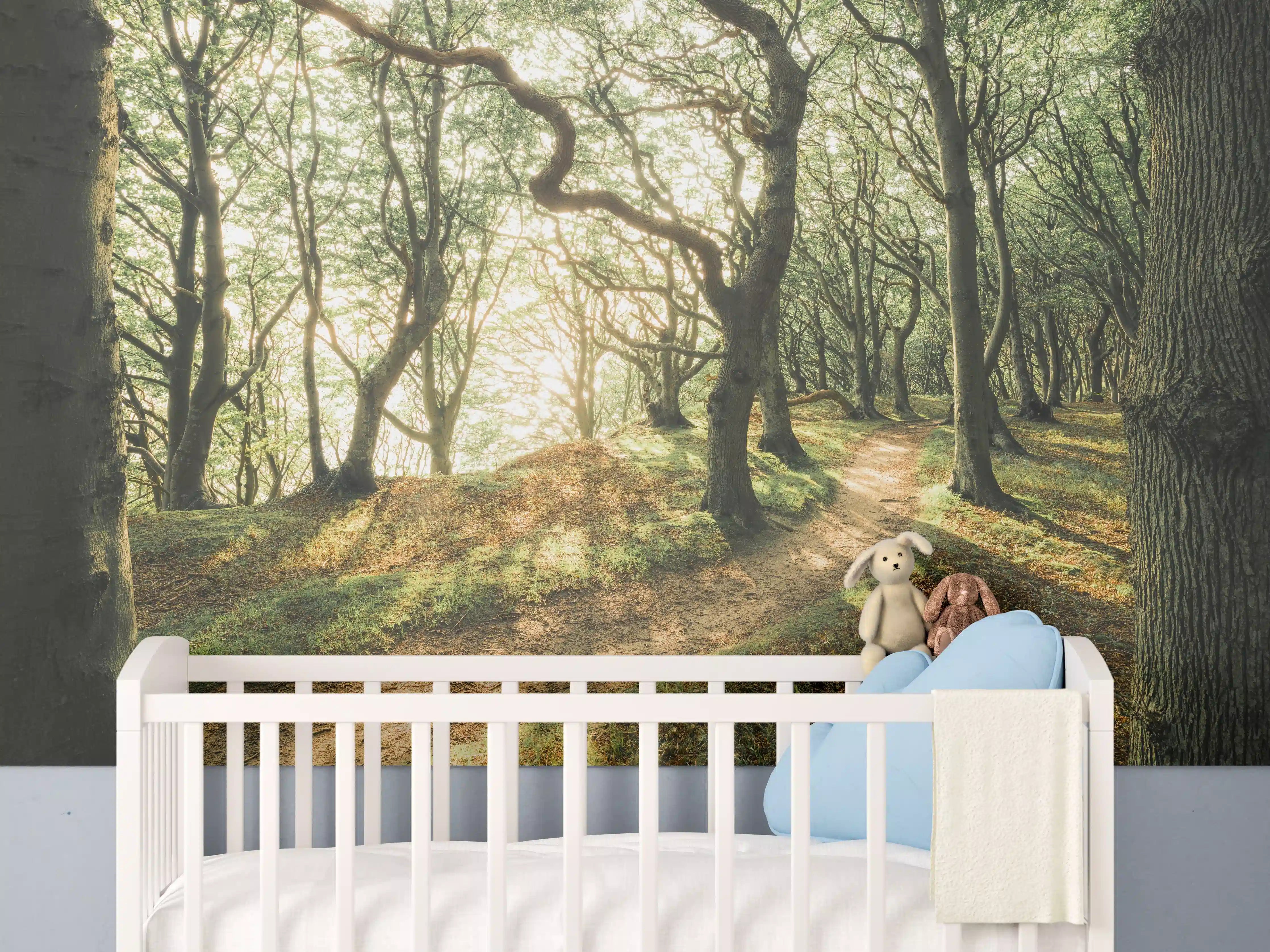Babyzimmer Wandgestaltung - Sonnenstrahlen im Waldweg
