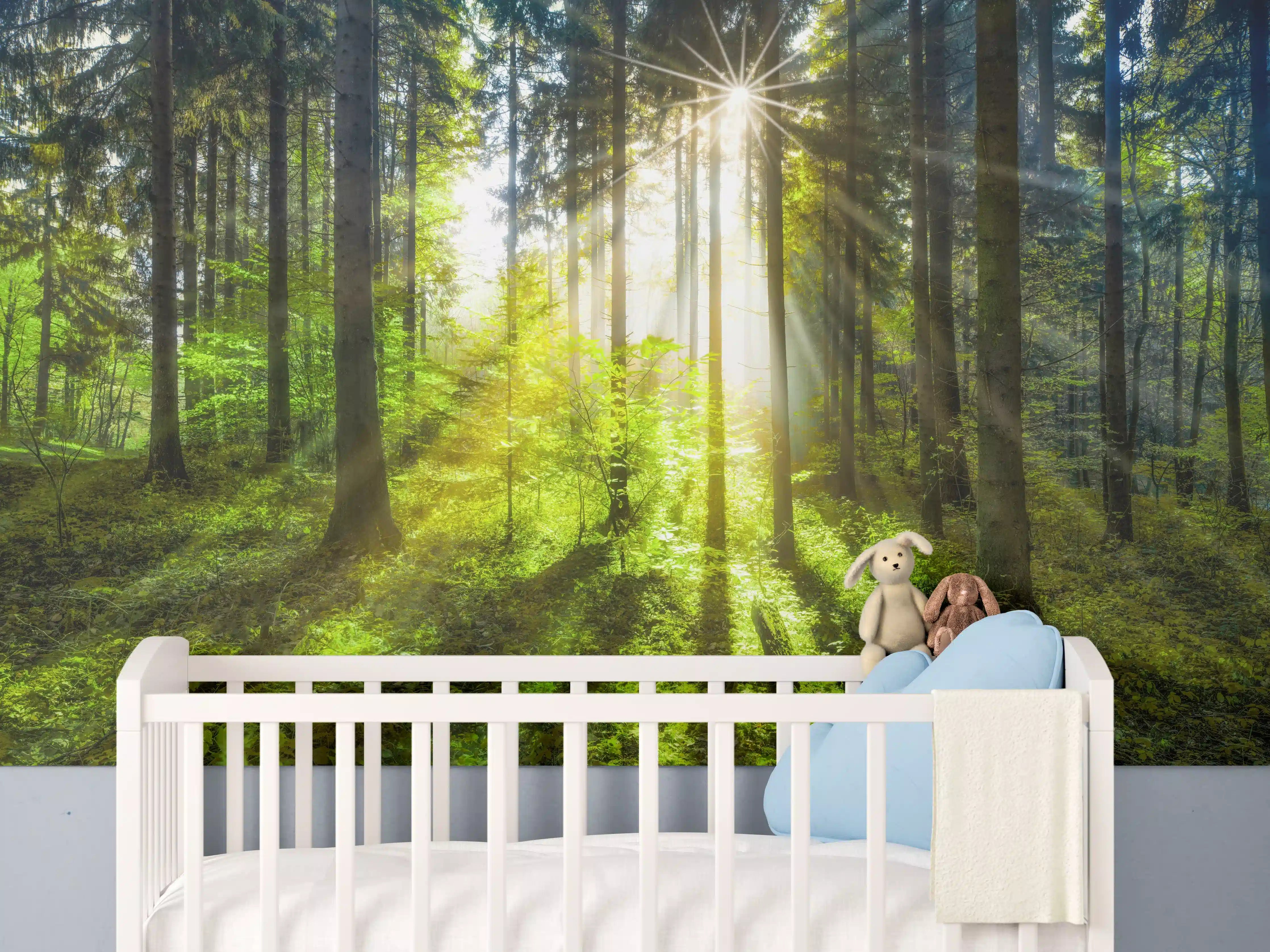 Babyzimmer Wandgestaltung - Sonnenstrahlen im lebendigem Wald