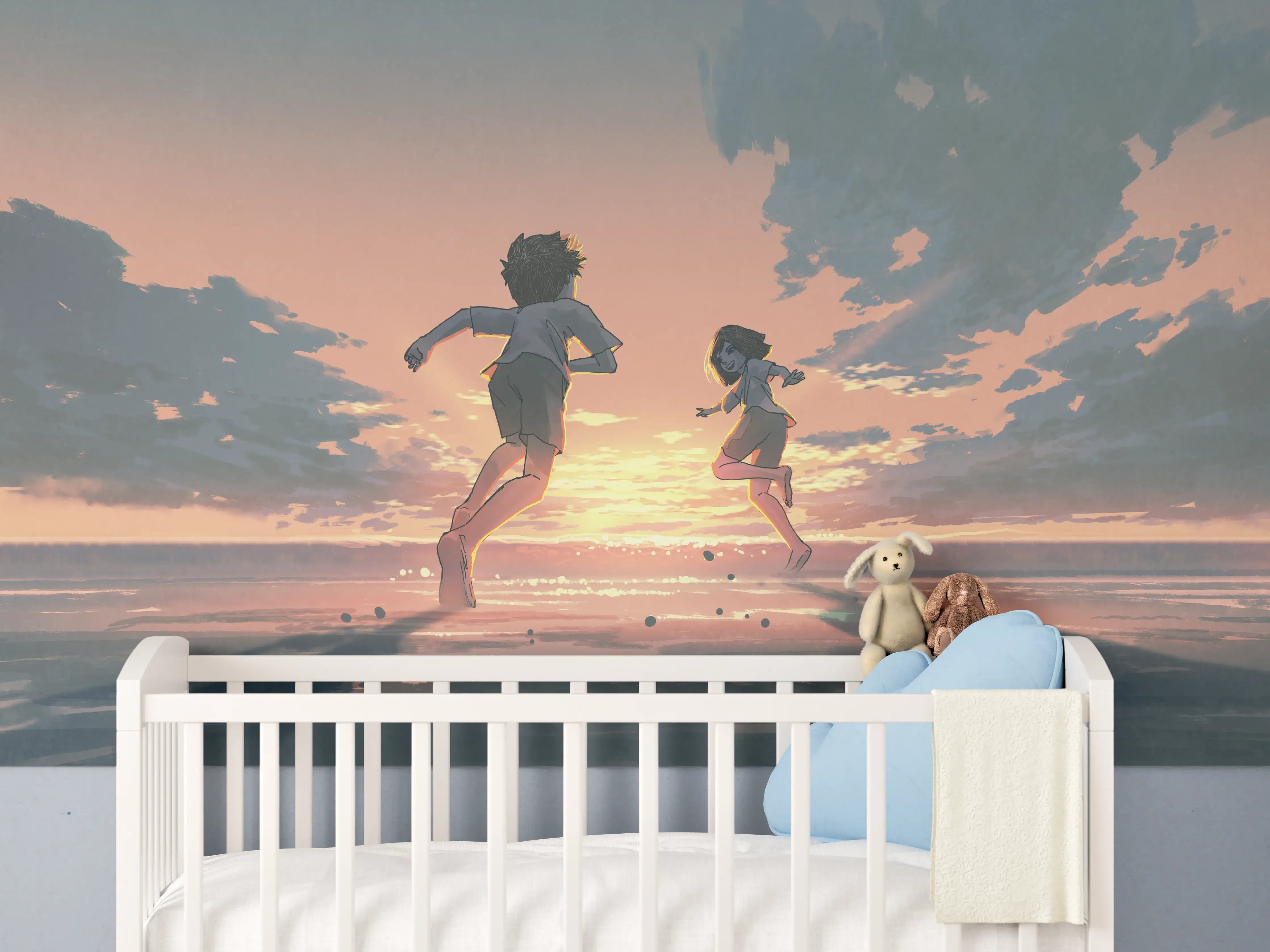 Babyzimmer Wandgestaltung - Sonnenuntergang Kinder Silhouetten