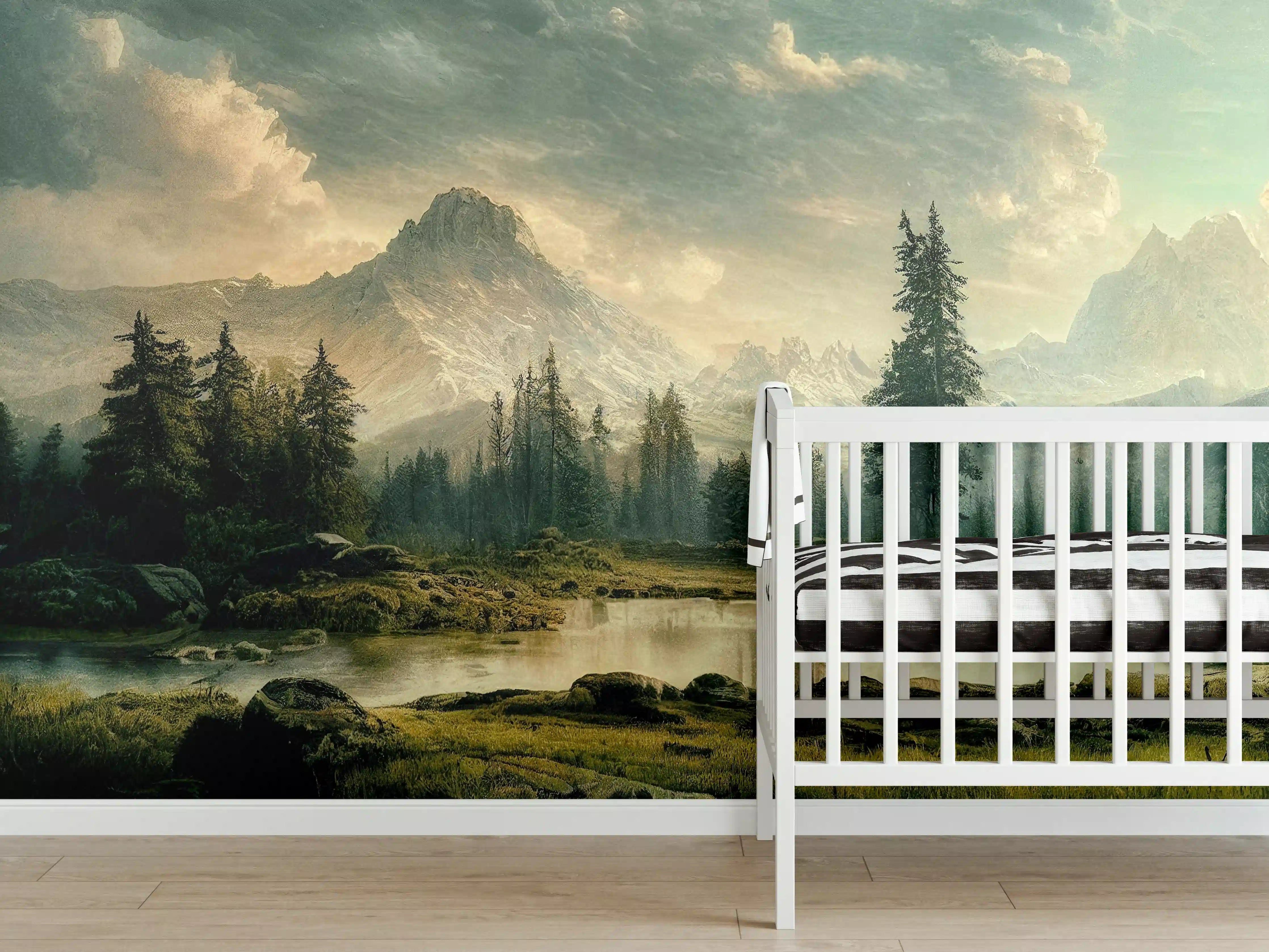 Babyzimmer Wandgestaltung - Sonnenuntergang in den Bergen