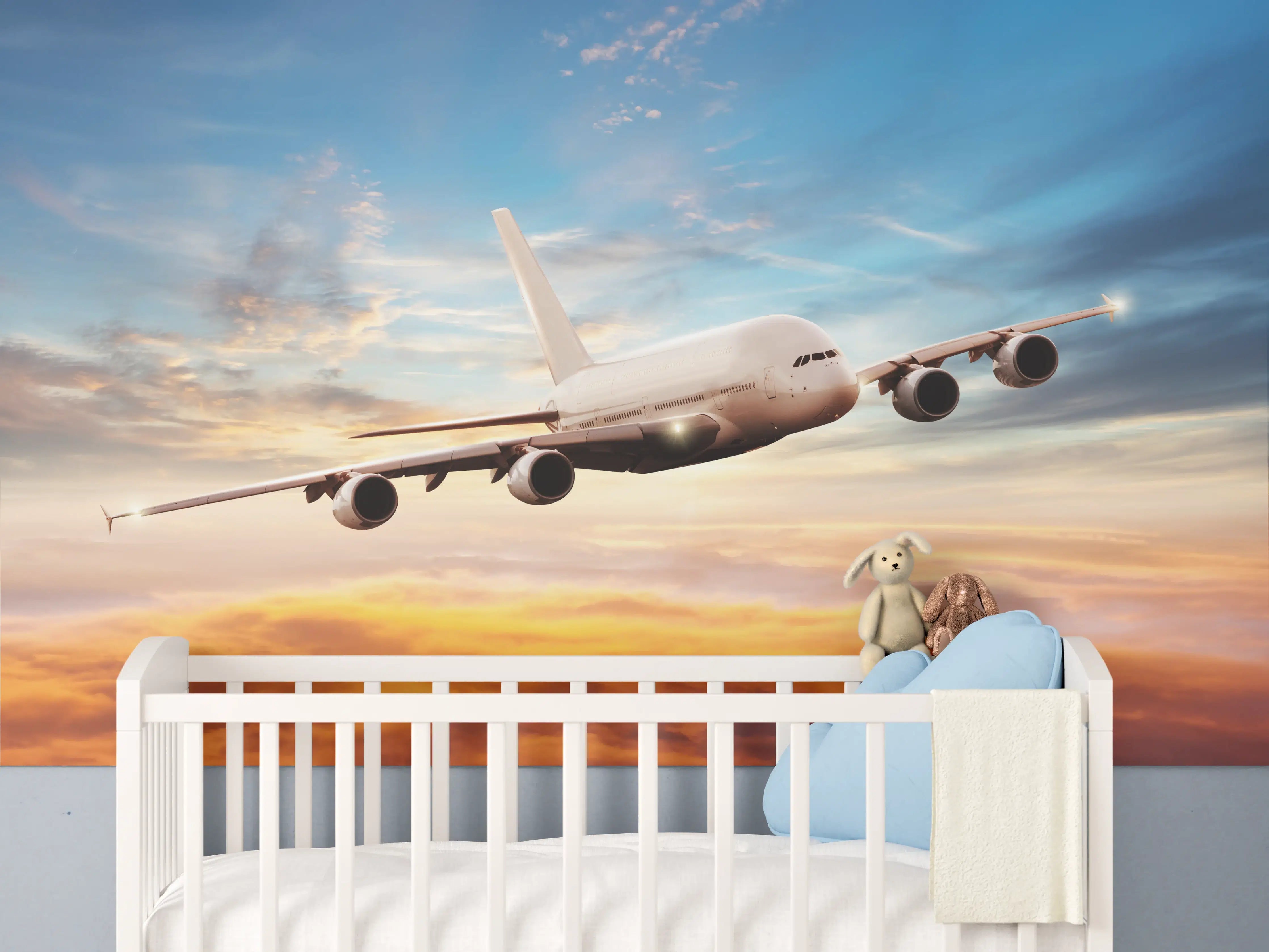 Babyzimmer Wandgestaltung - Sonnenuntergang mit Passagierjet