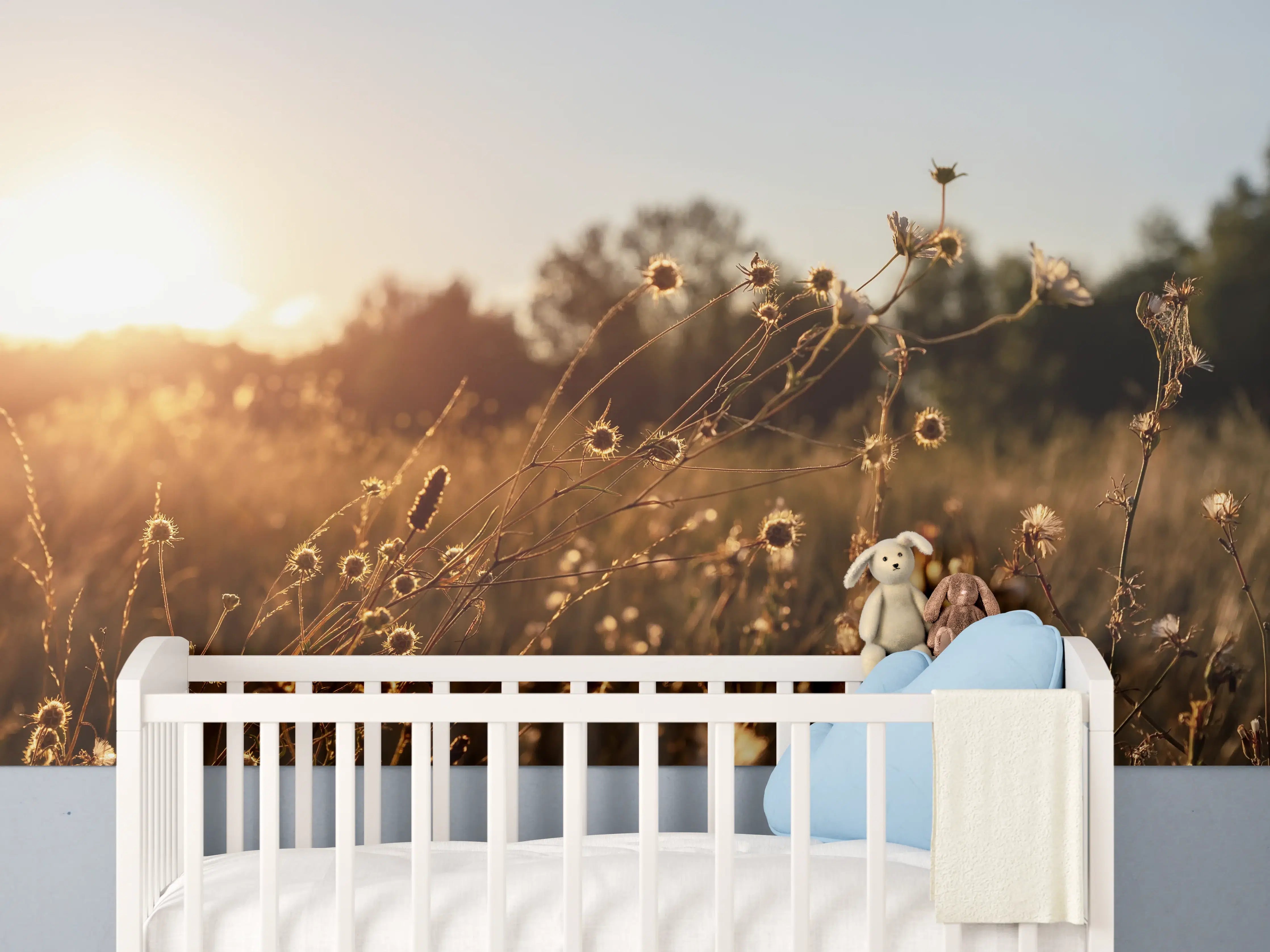 Babyzimmer Wandgestaltung - Sonnenuntergang über der Feldflora