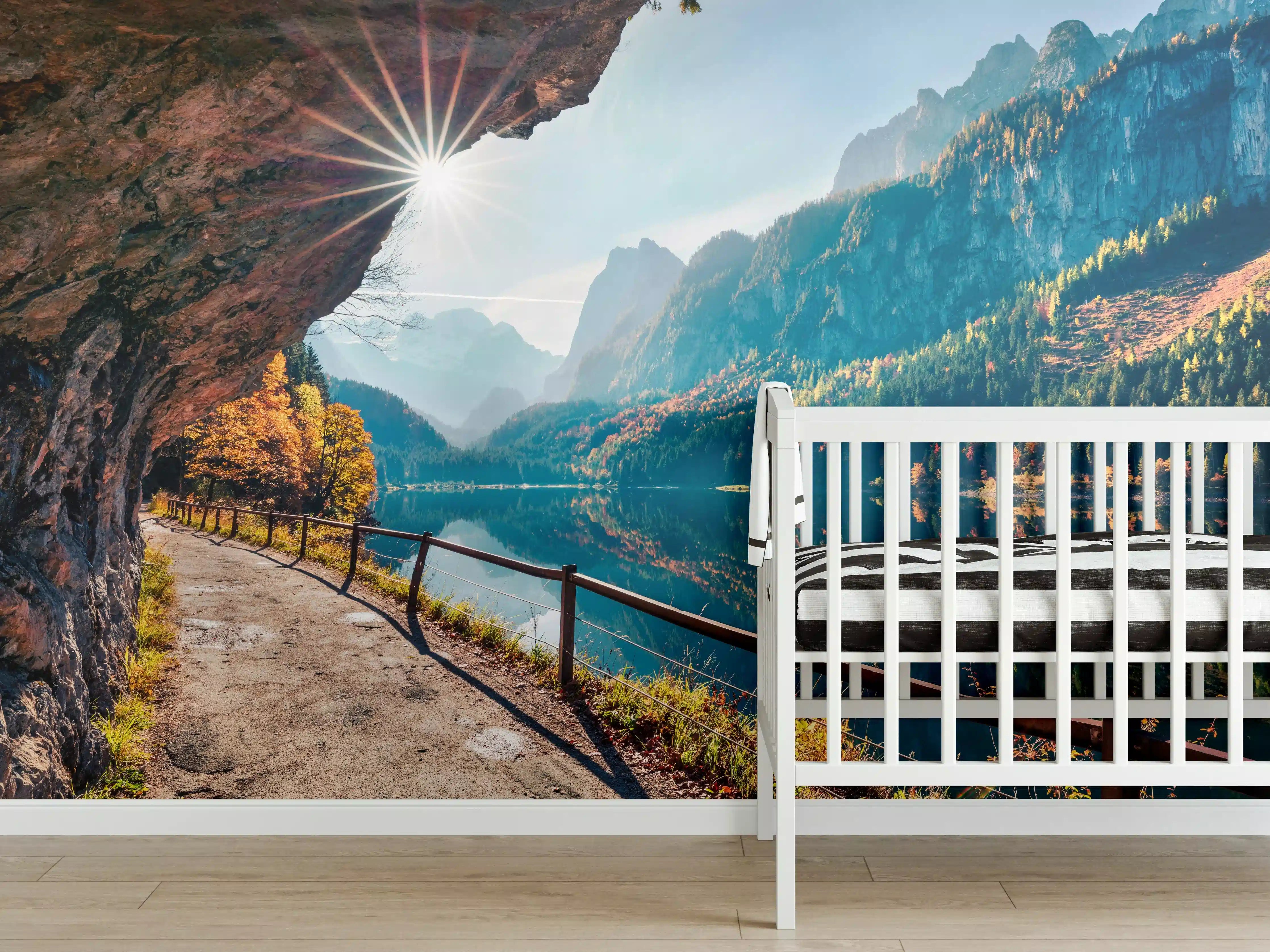 Babyzimmer Wandgestaltung - Sonnige Herbstszene am Gosausee