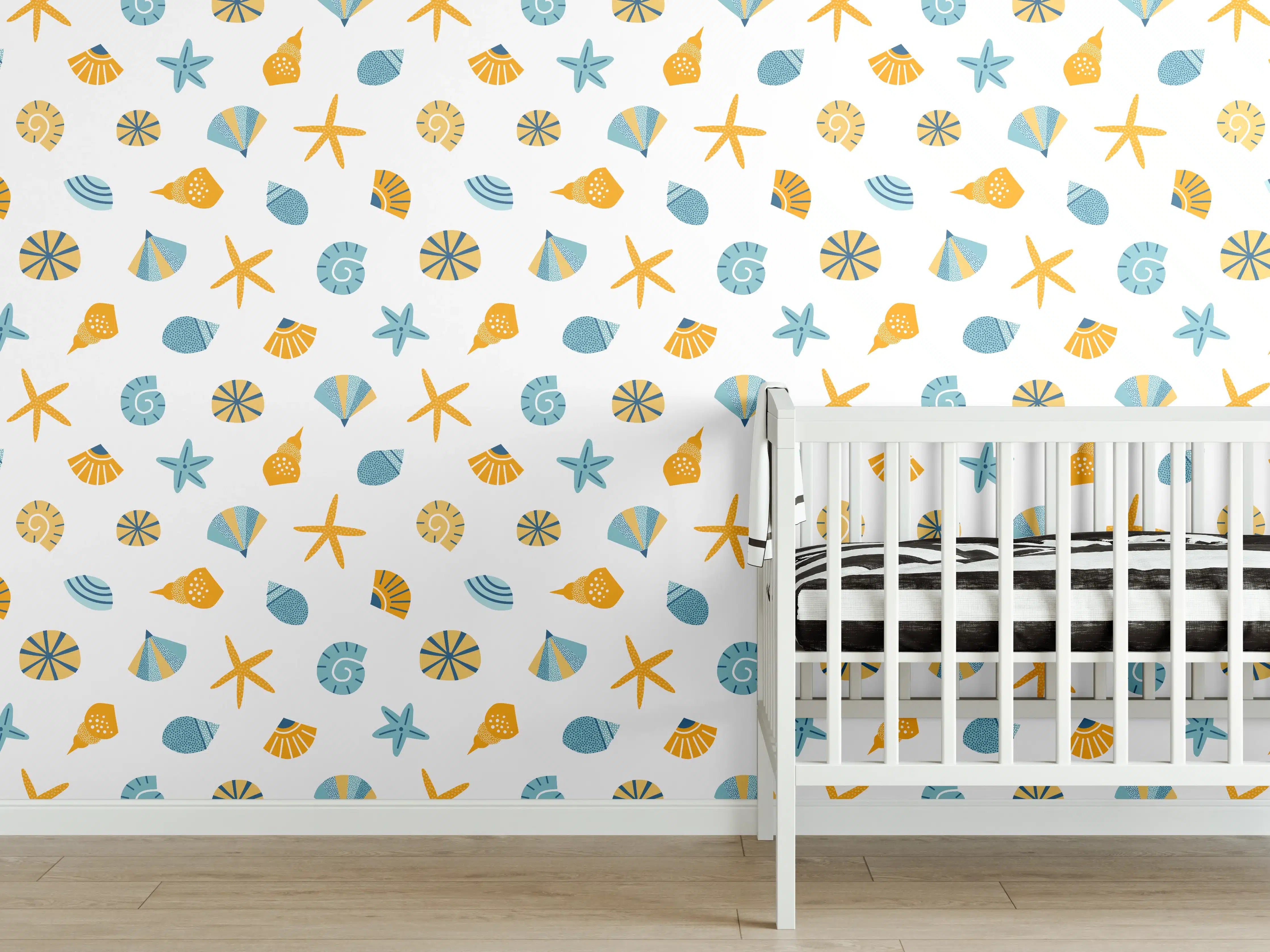 Babyzimmer Wandgestaltung - Sonniger Strand mit Muscheln und Sternen