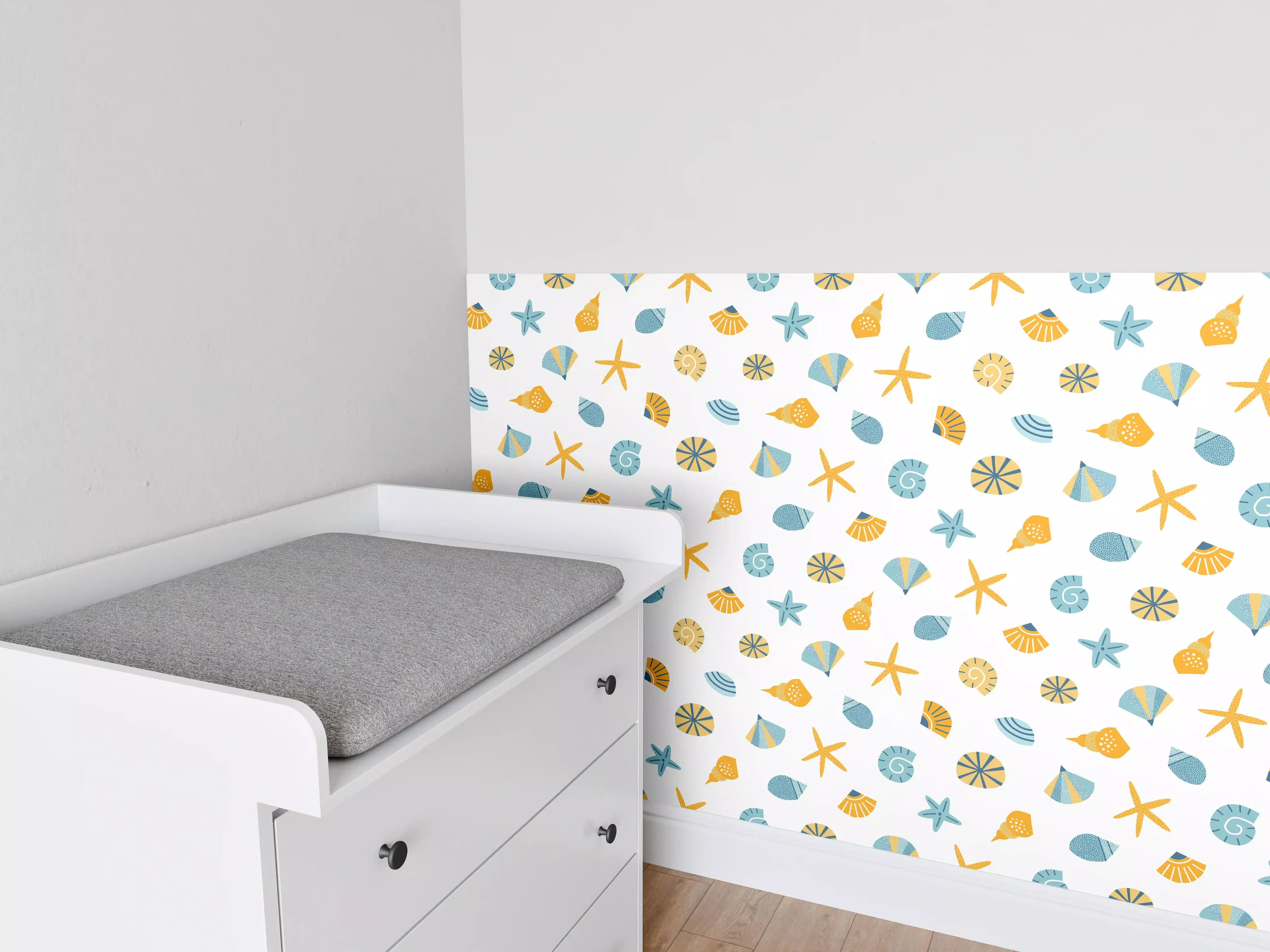 Babyzimmer Wandgestaltung - Sonniger Strand mit Muscheln und Sternen