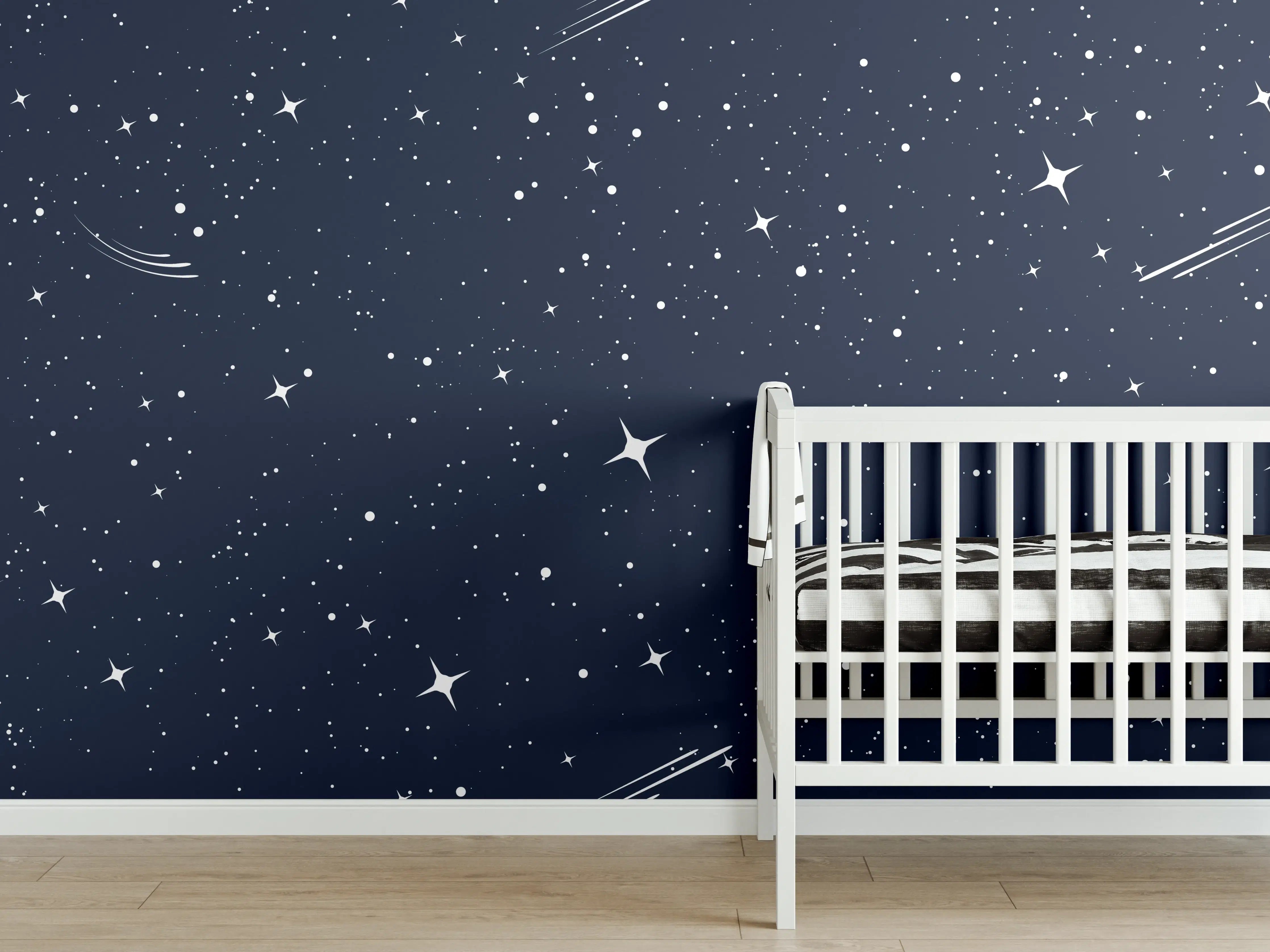 Babyzimmer Wandgestaltung - Sternenhimmel in Dunkelblau mit Sternen und Meteoren