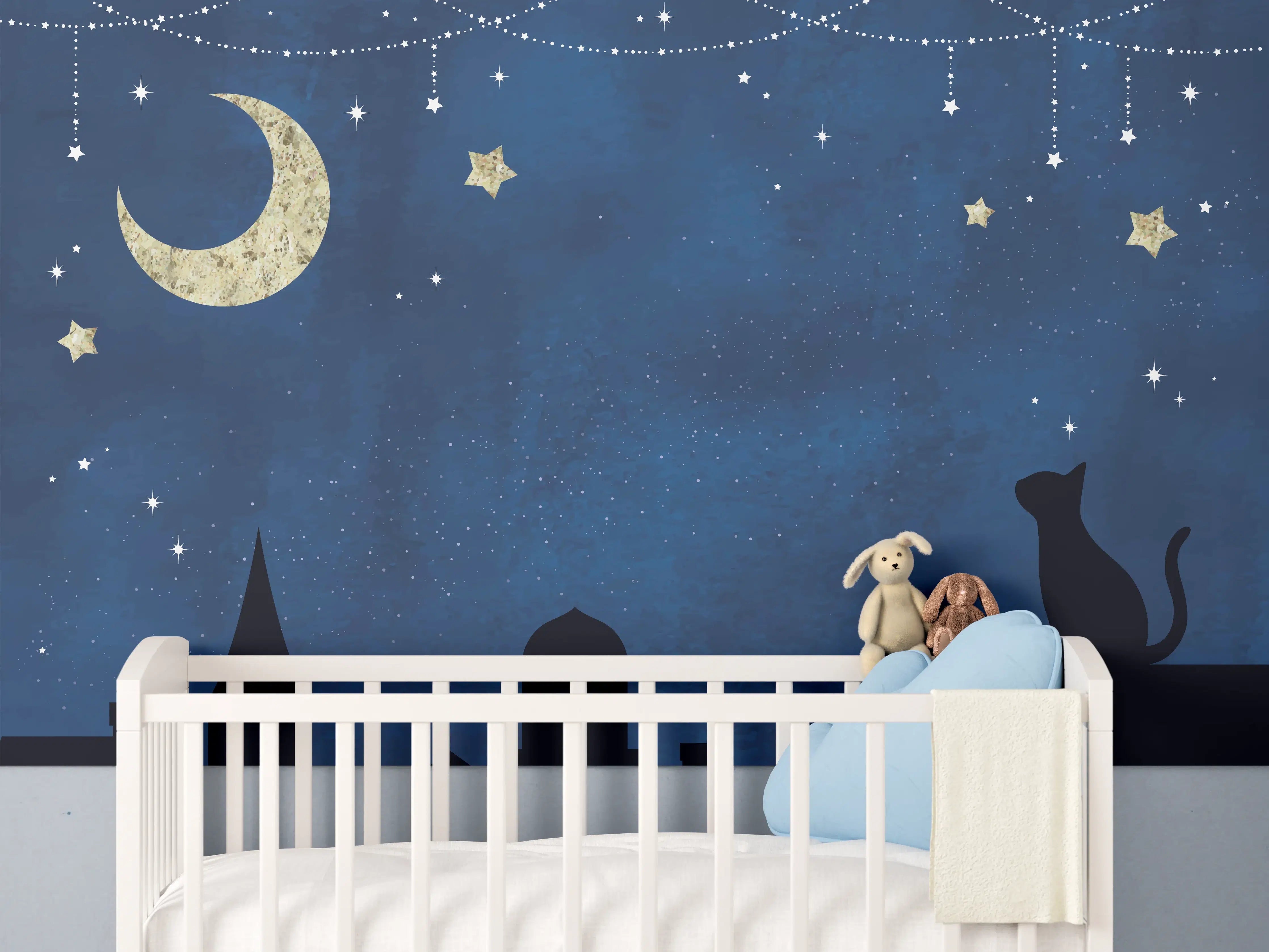 Babyzimmer Wandgestaltung - Sternennacht Katzen Silhouette