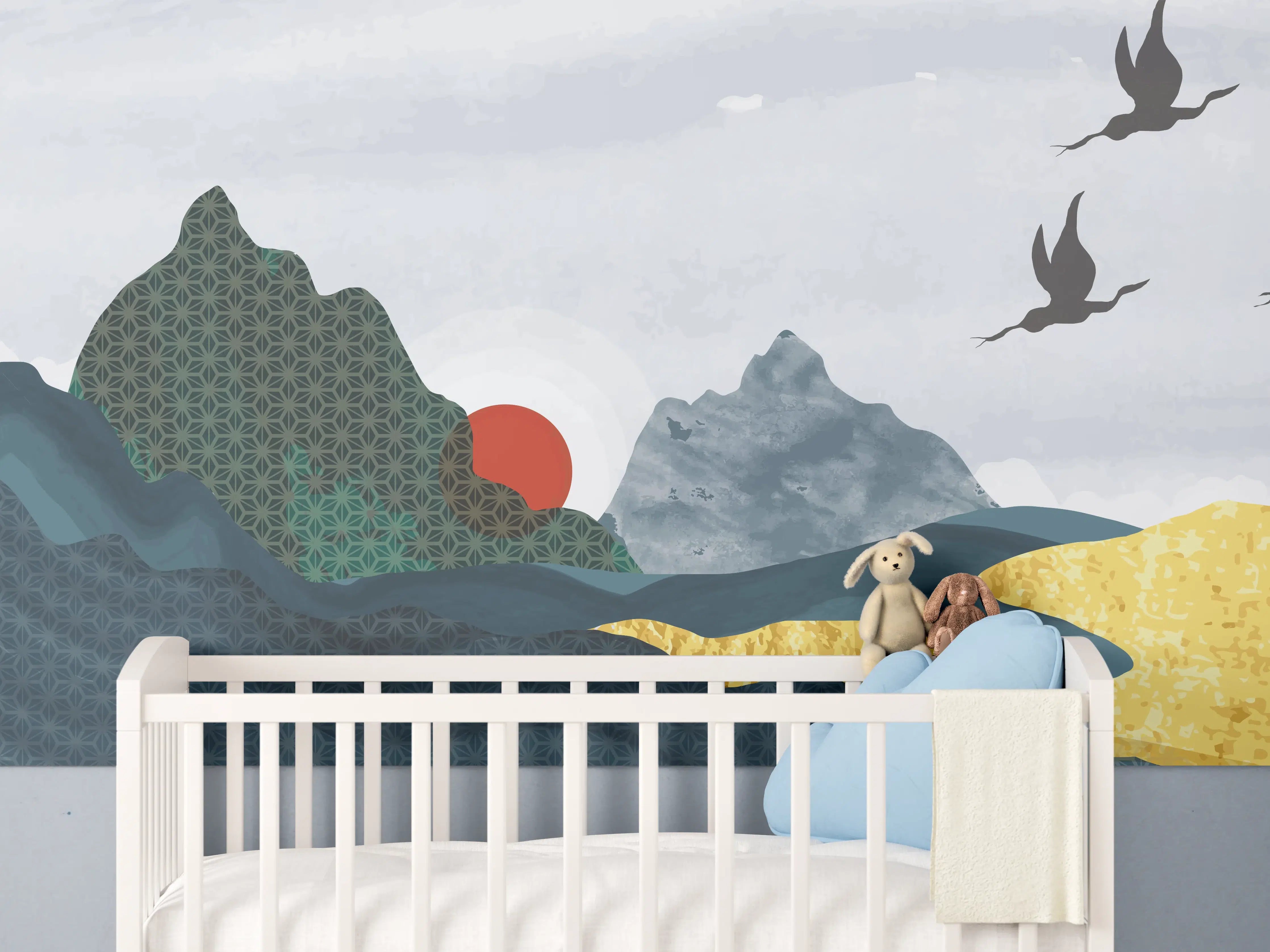 Babyzimmer Wandgestaltung - Stilvolle Berglandschaft bei Sonnenuntergang
