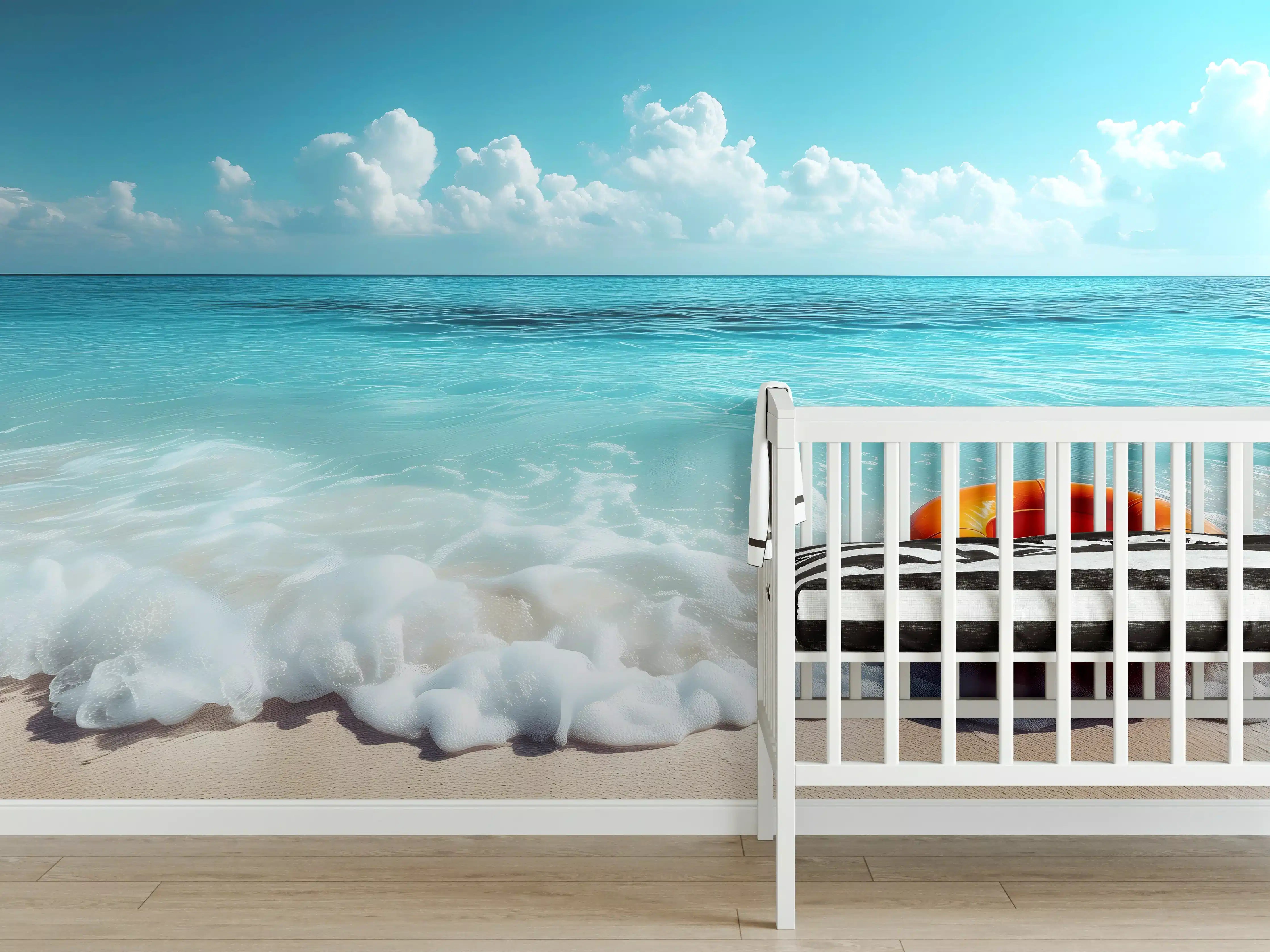 Babyzimmer Wandgestaltung - Strand mit orangefarbener Schwimmringe